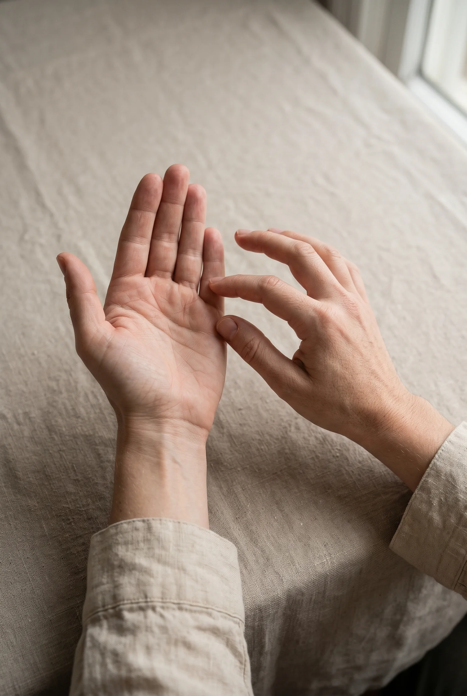 Las yemas de dos dedos tocan suavemente el borde de la otra mano, entre el meñique y la muñeca.