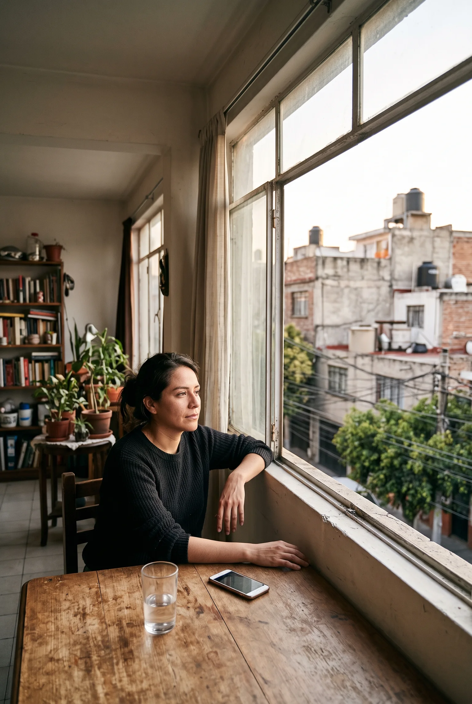 Persona sentada junto a una ventana con vista urbana, hombros relajados y celular boca abajo sobre la mesa.