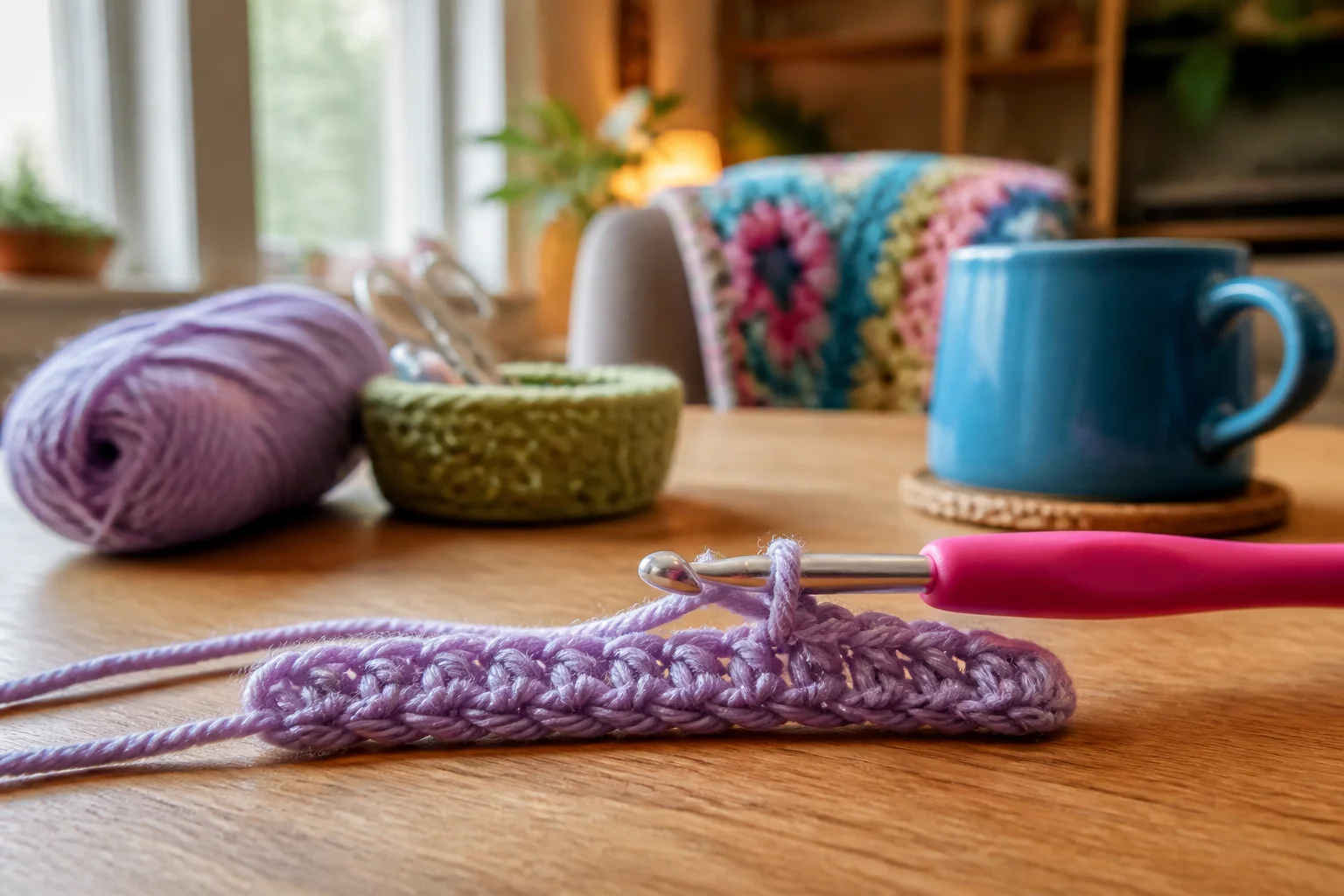 Editorial illustration of a sage swatch, wooden hook, and yarn.