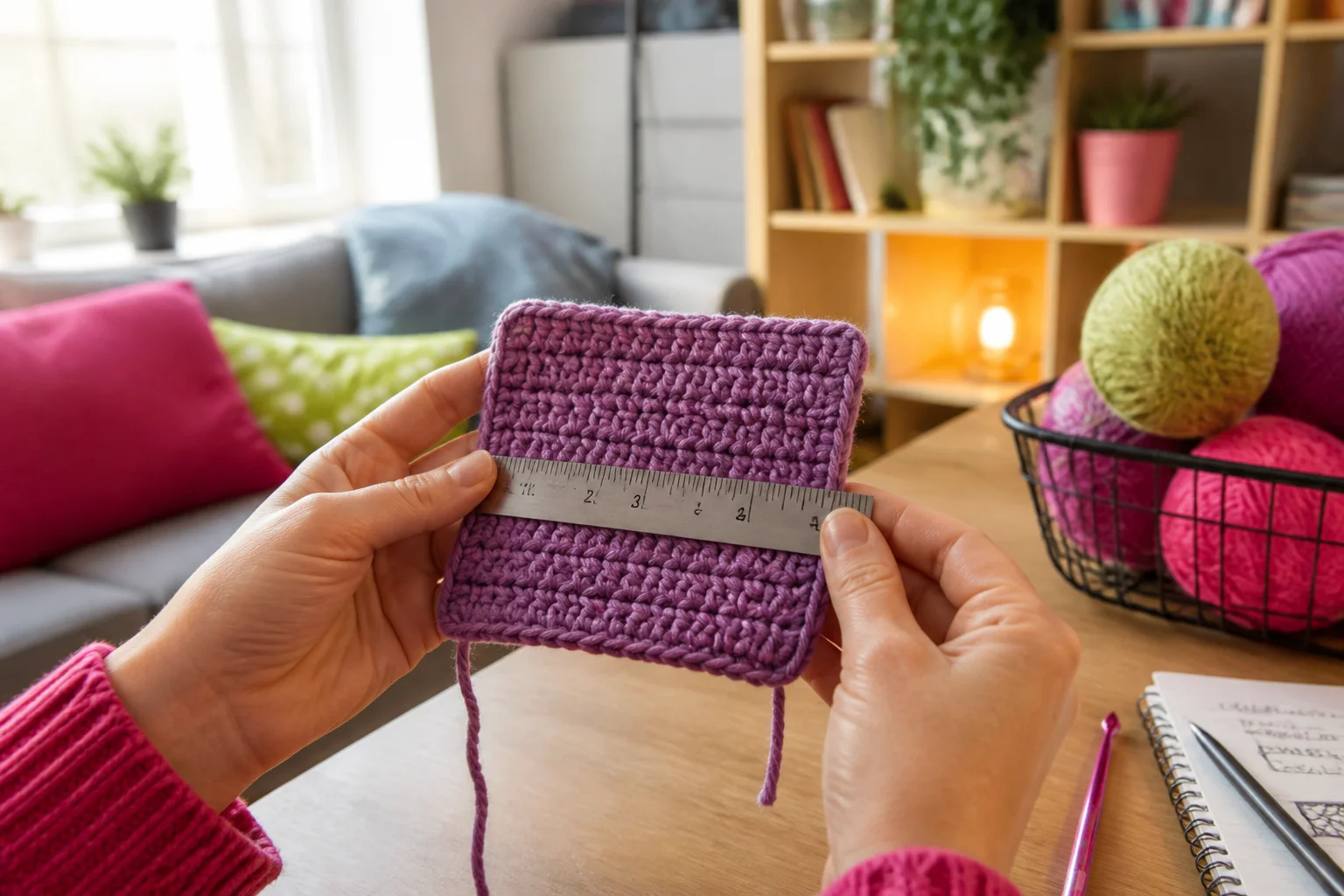 Editorial illustration of a swatch with measuring tools and stitch markers.