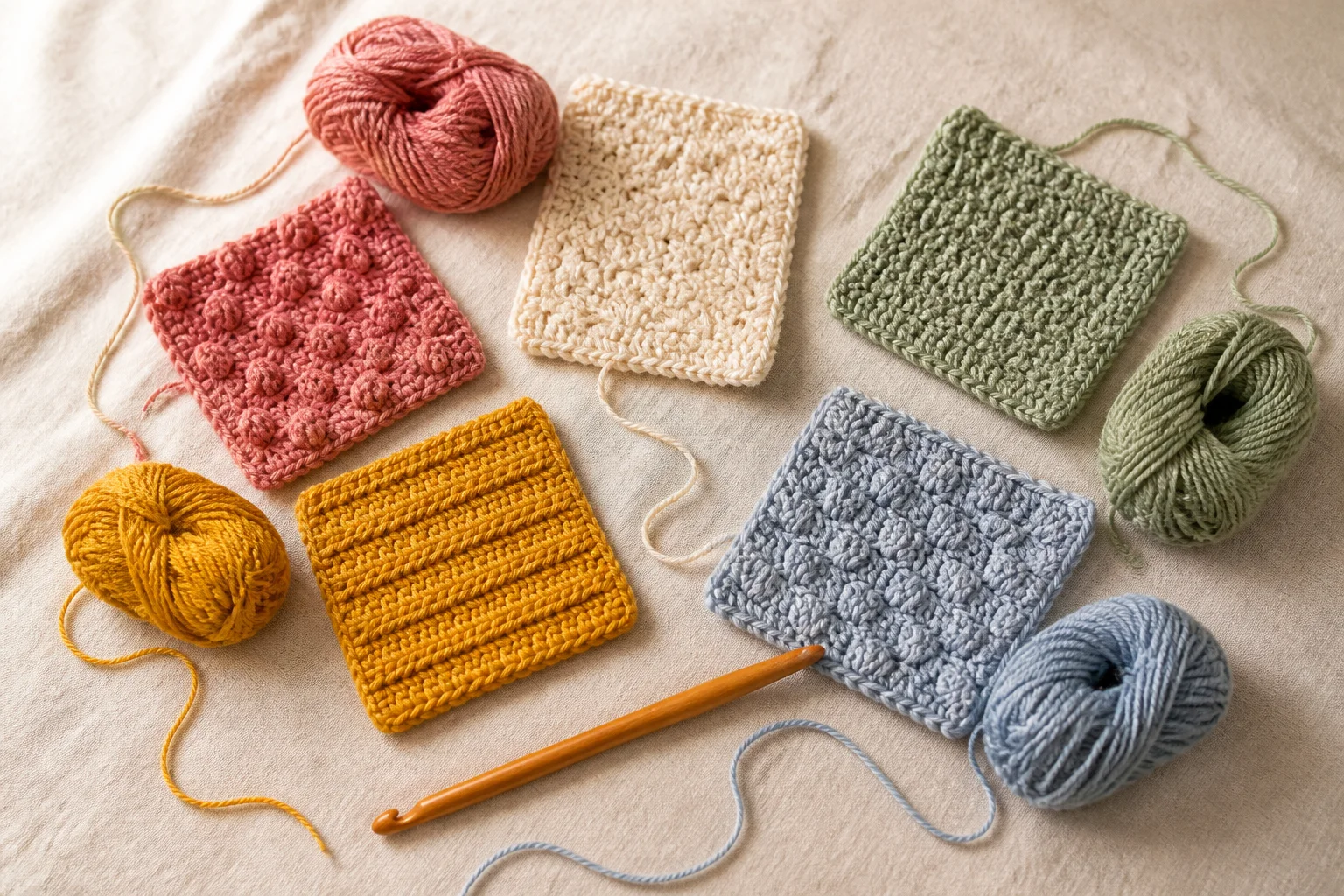 Editorial illustration of colorful yarn and crochet-inspired swatches beside a hook.