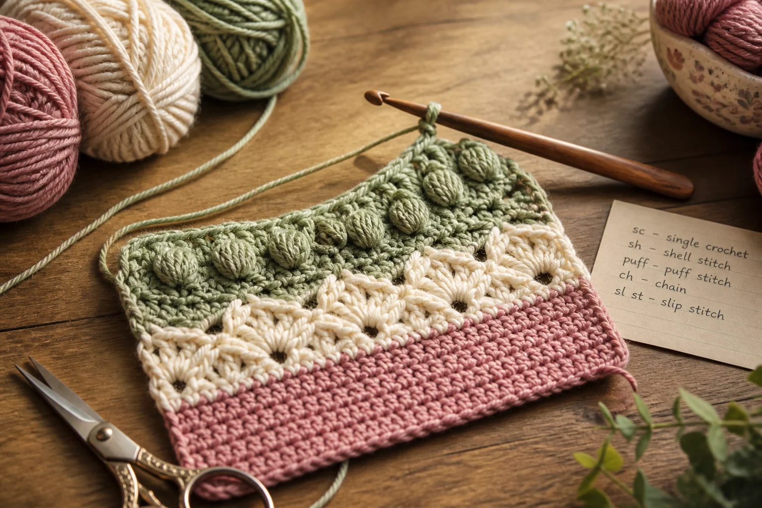 Editorial illustration of colorful crochet-inspired swatches, yarn balls, a wooden hook, and scissors.