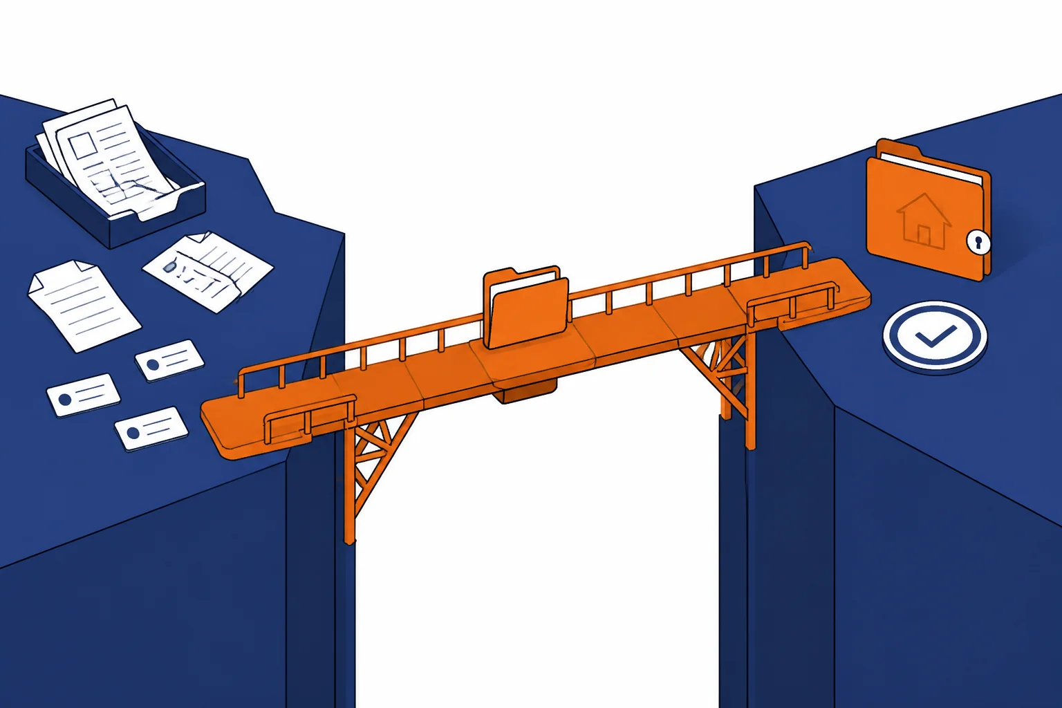 An orange bridge carries a client folder across a deep blue gap from scattered forms to an orderly household file.