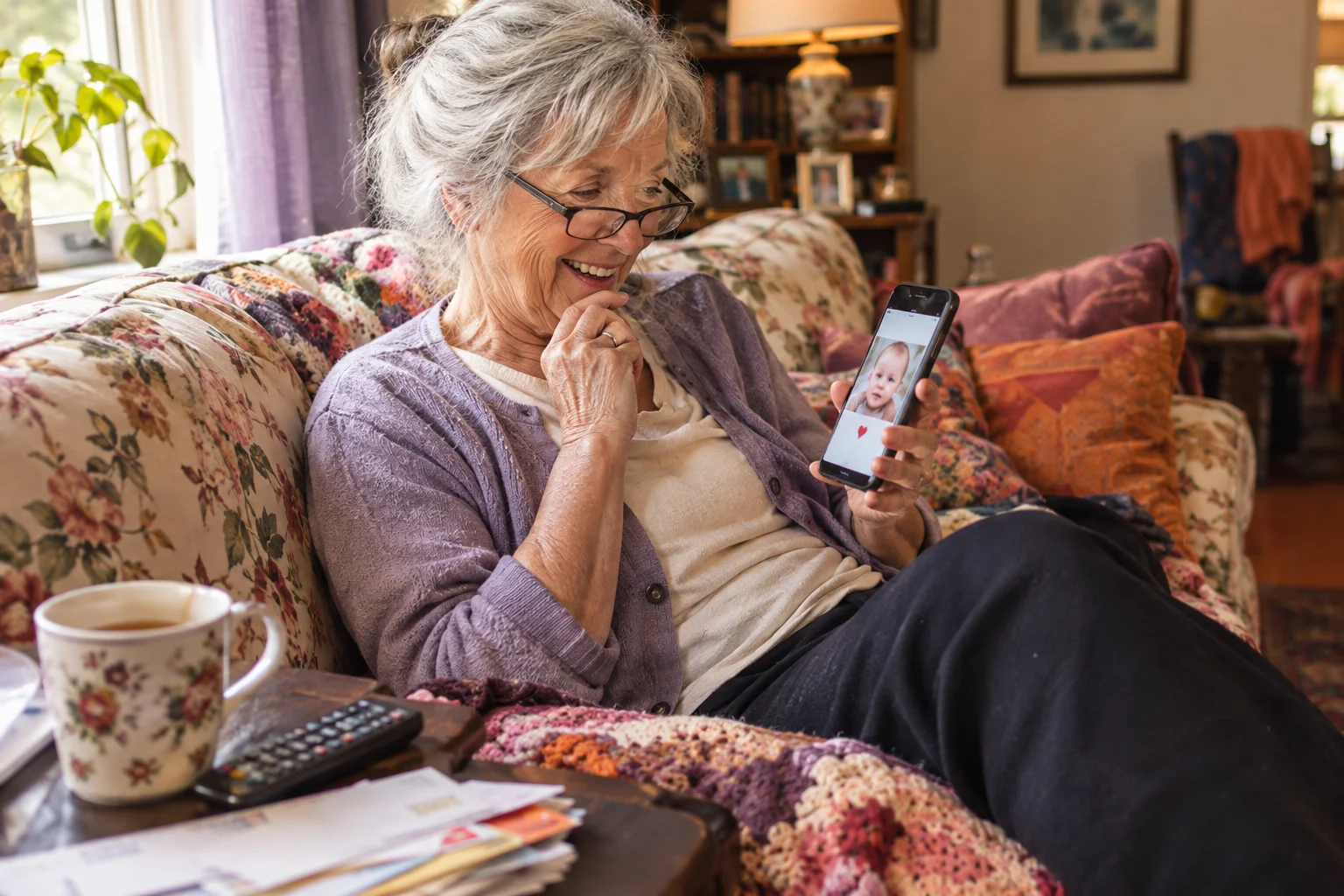 Smiling grandmother looking at a phone on a couch beside a mug and remote control.