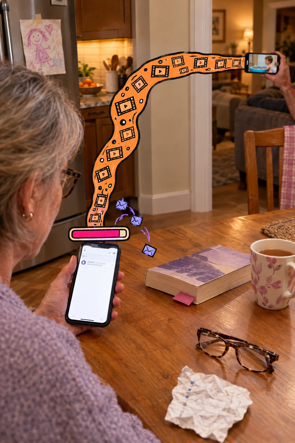 Parent holding a phone, with an illustrated filmstrip connecting a family video to a full storage bar.
