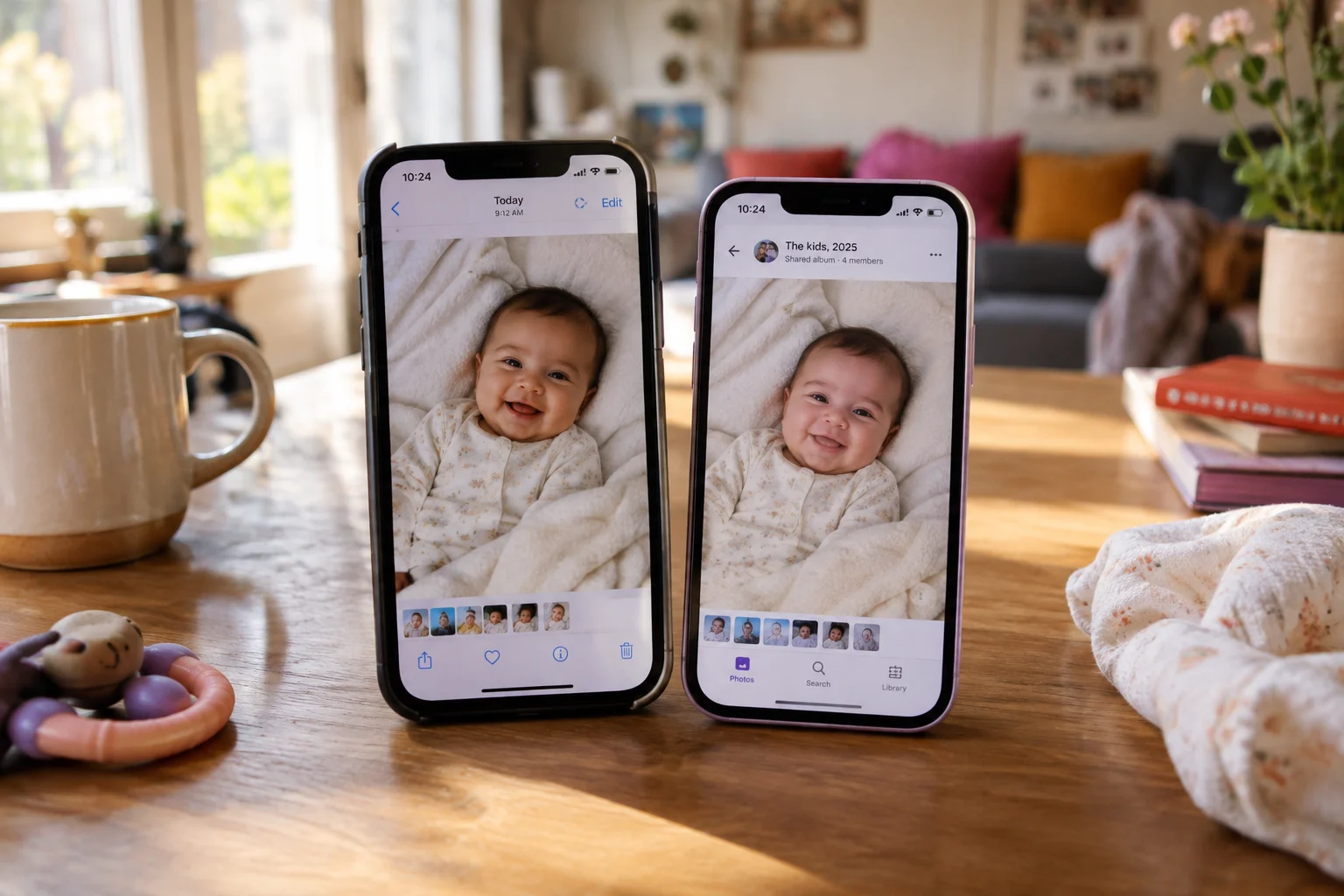 Two phones side by side displaying the same smiling baby photo.