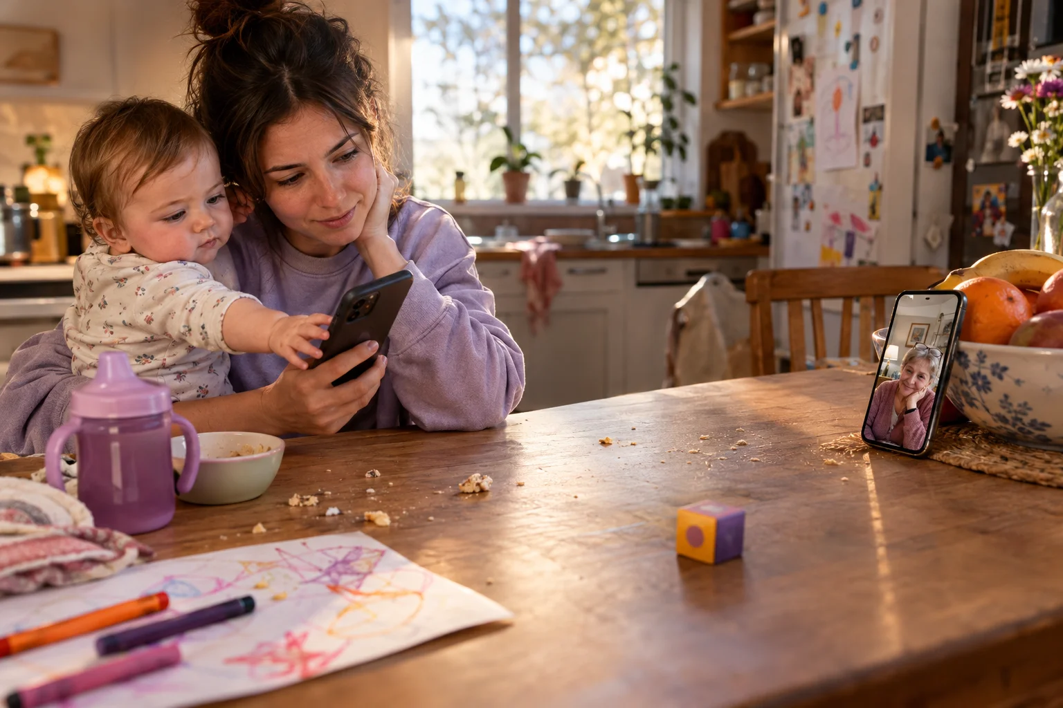 Parent and baby looking at a phone at a kitchen table, with another phone showing an older relative.