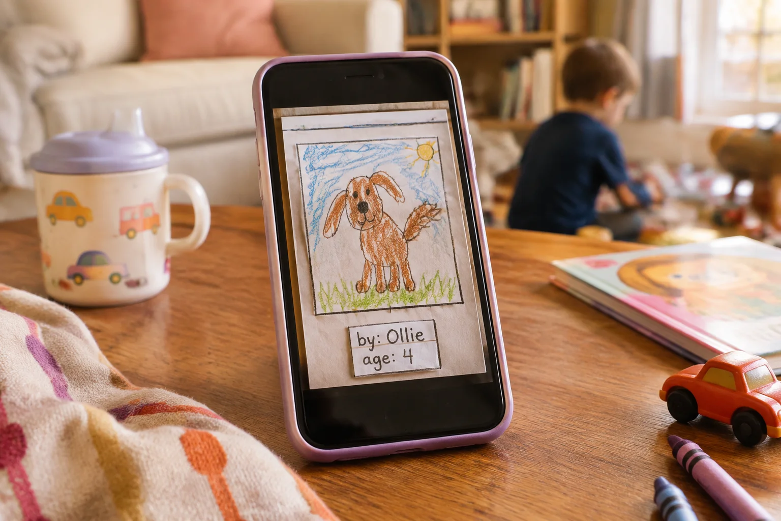 Phone displaying a child's dog drawing in an illustrated frame labeled with the artist's name and age.