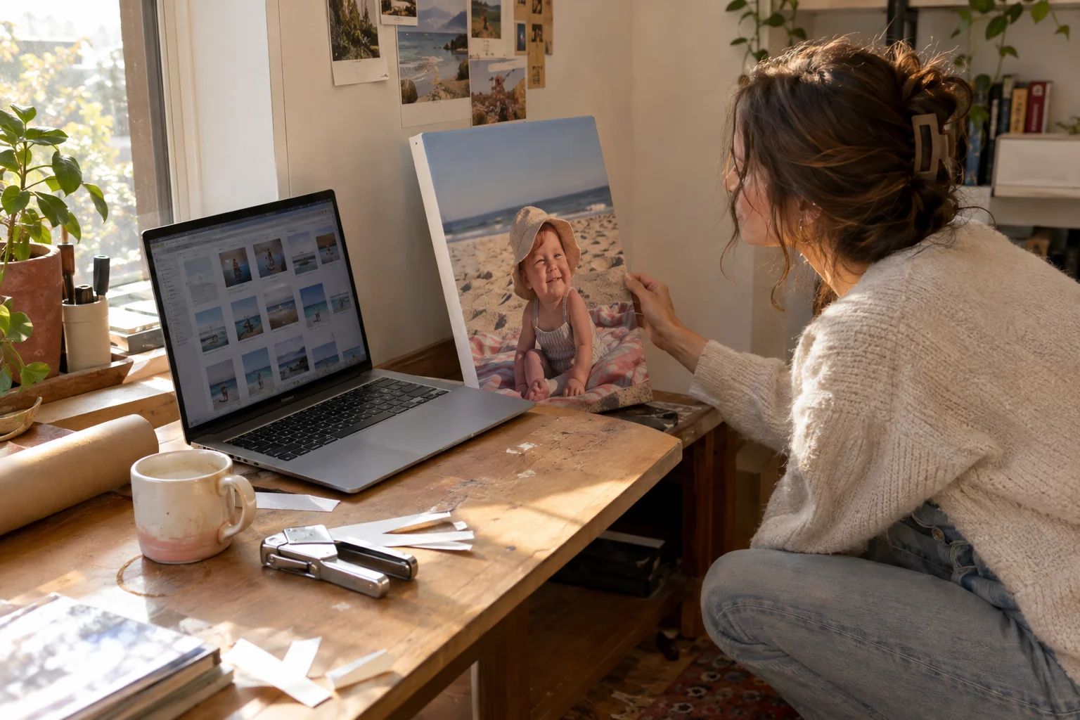 Laptop displaying photo files beside a portrait canvas print being checked by a parent.