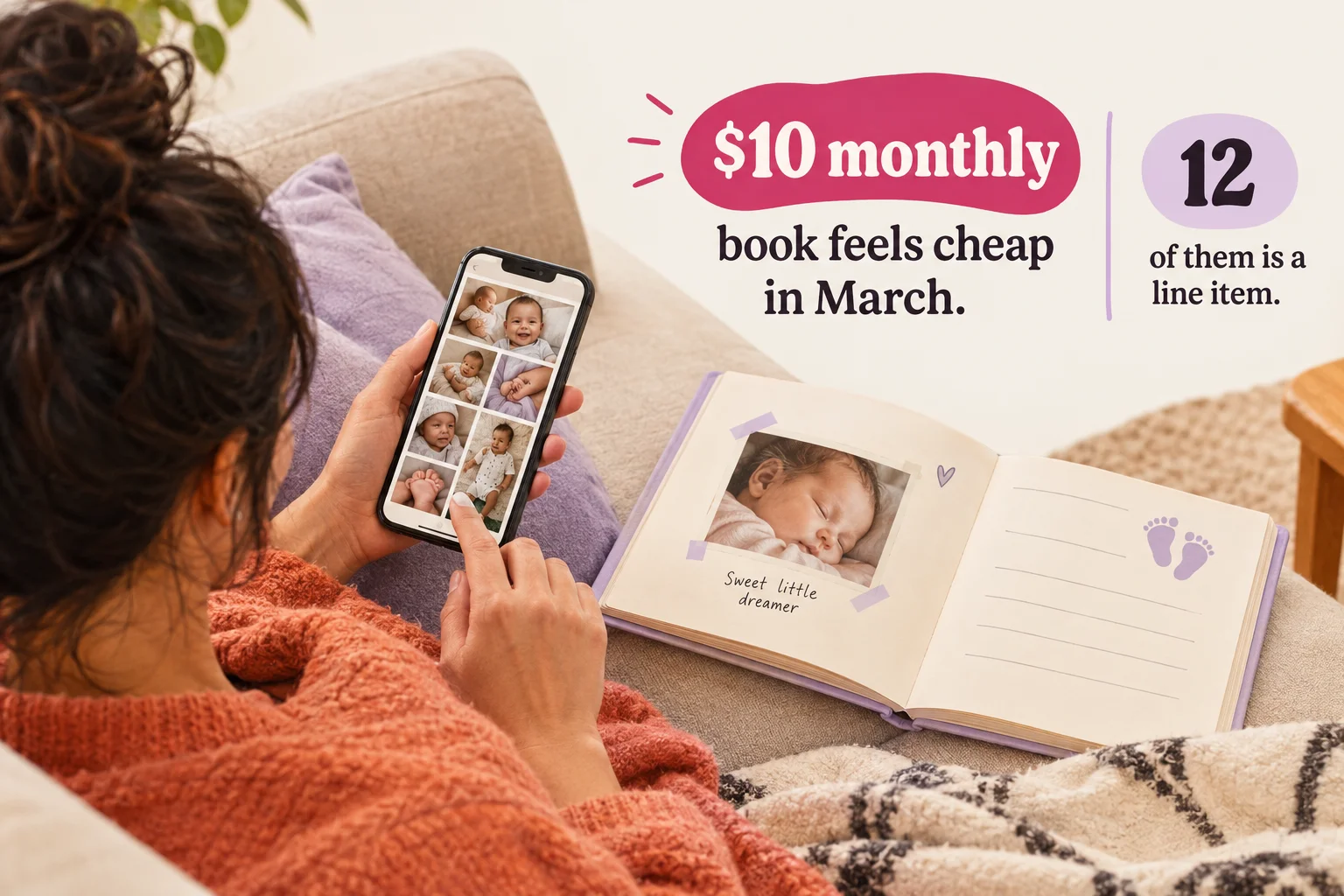A parent scrolls baby photos beside an open baby book, with drawn labels about a monthly book subscription.