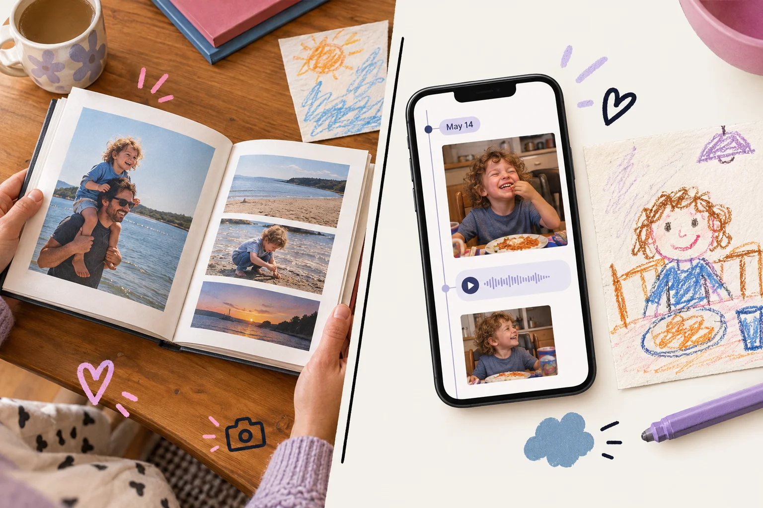 A split illustration pairs an open vacation photo book with a phone showing voice and photo memories beside a crayon drawing.