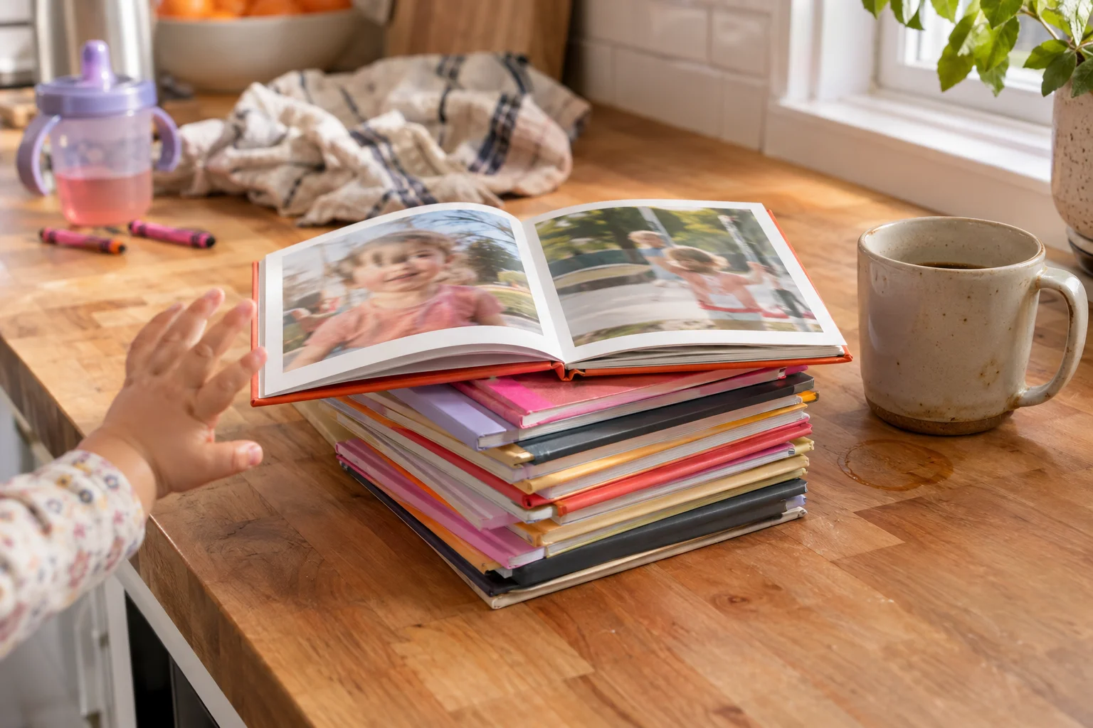 A stack of small photo books and an open book sit beside a mug as a child reaches toward them.