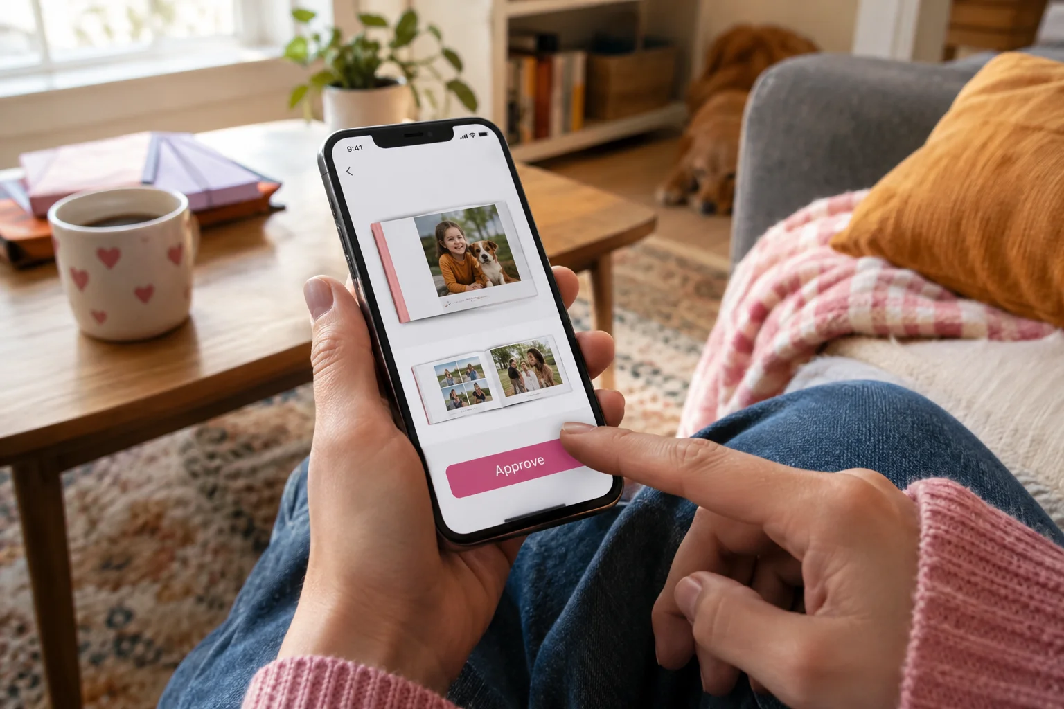 A parent taps an Approve button on a phone displaying a photo-book preview.
