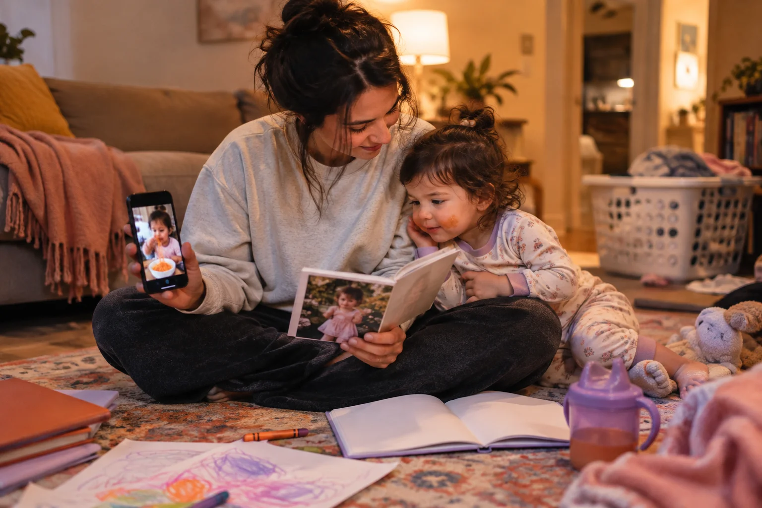 A parent and toddler look at a small photo book while the parent holds a phone showing the child.