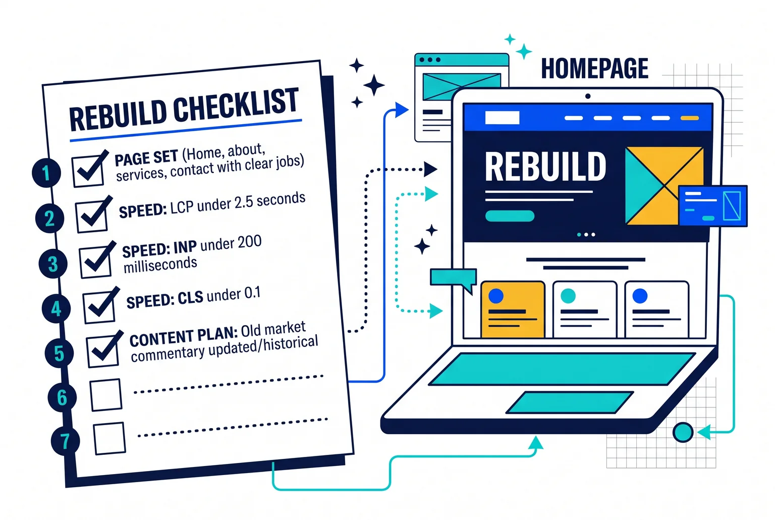 printed one-page checklist with seven boxes, five checked and two empty, next to a laptop showing a homepage