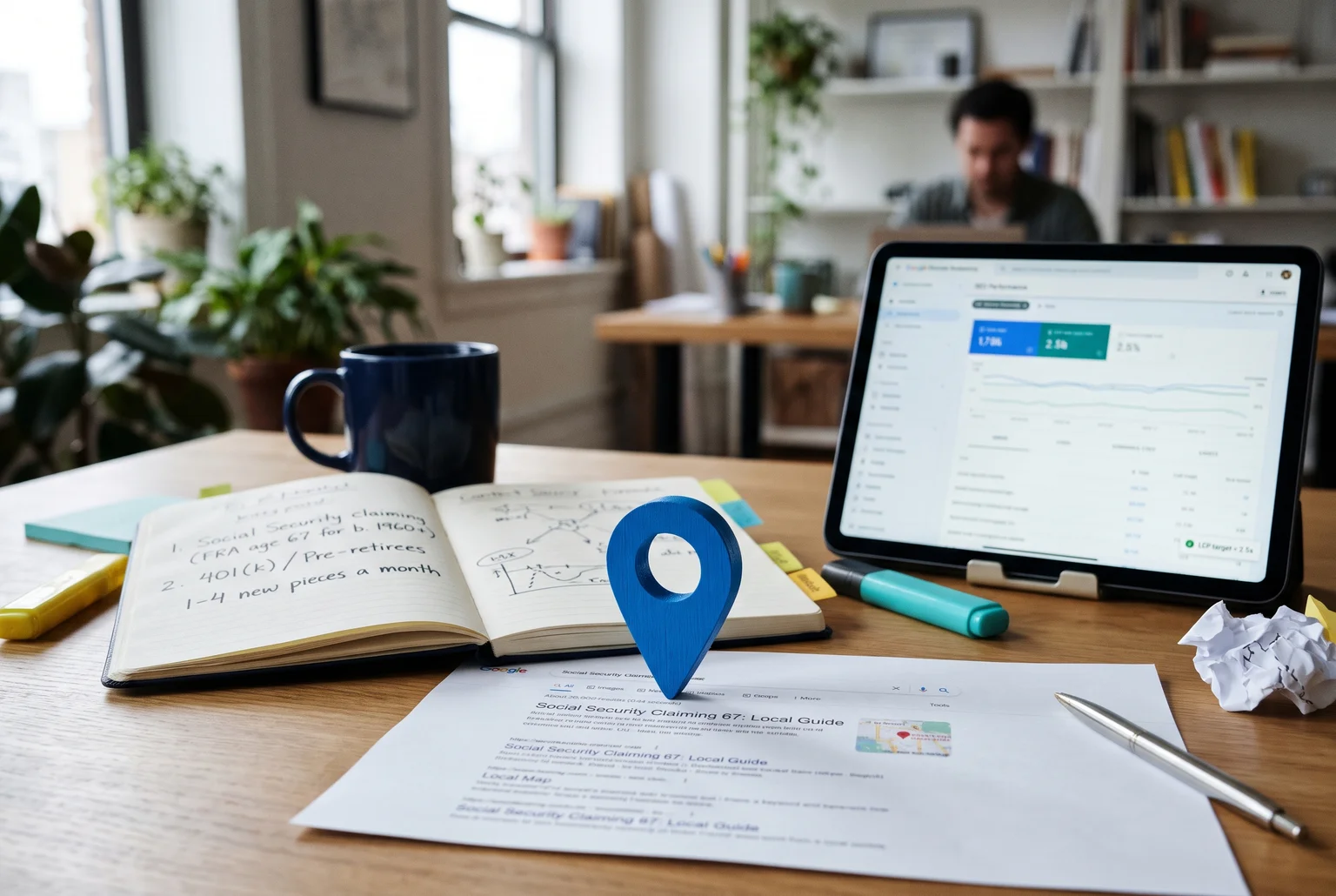 search result listing with a short keyword-first page title and a local map pin beside it