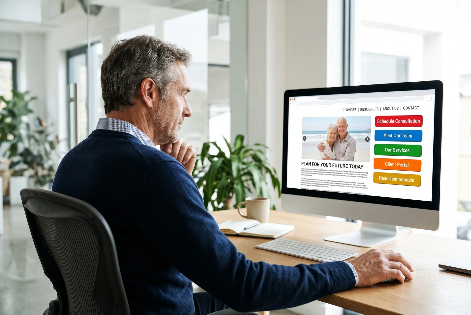 Each element looks harmless alone, but together they leave a pre-retiree unsure where to click. Person at a desk viewing a busy advisor website with a beach photo slider and five differently colored buttons