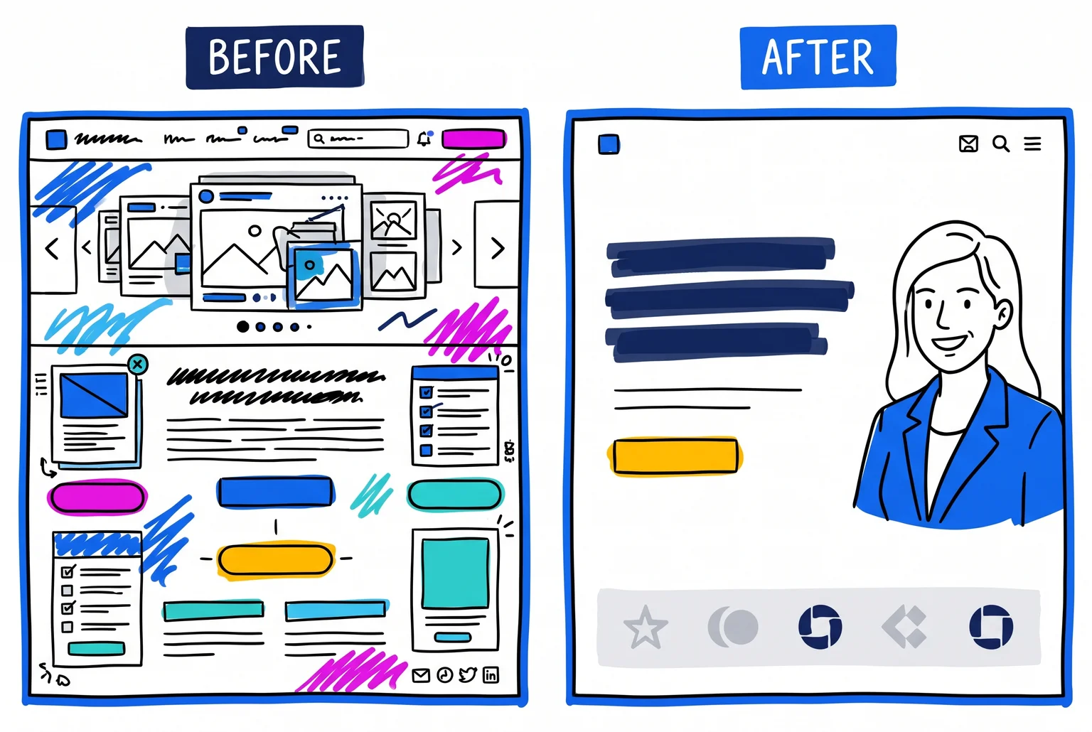 The same advisor homepage, with the clutter removed and one clear path left for a visitor to follow. Two versions of one advisor homepage: left cluttered with slider and five buttons, right with one headline, one button,