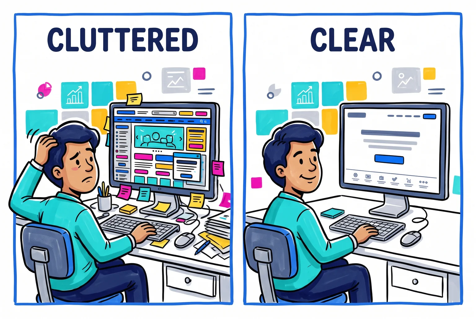 Split view of an advisor at a desk, left with a cluttered website on screen, right with a clean single-button homepage