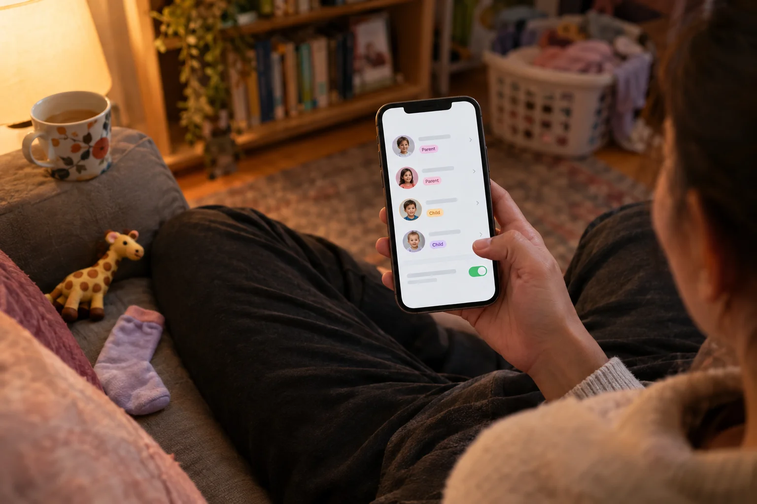 A parent holds a phone displaying family profiles and a toggle switch while sitting on a sofa.