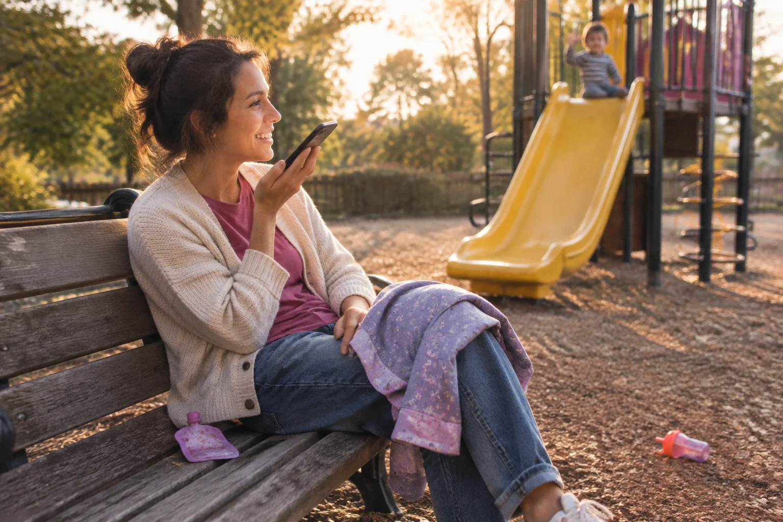 A parent speaks toward a phone on a park bench while a child waits near a slide.
