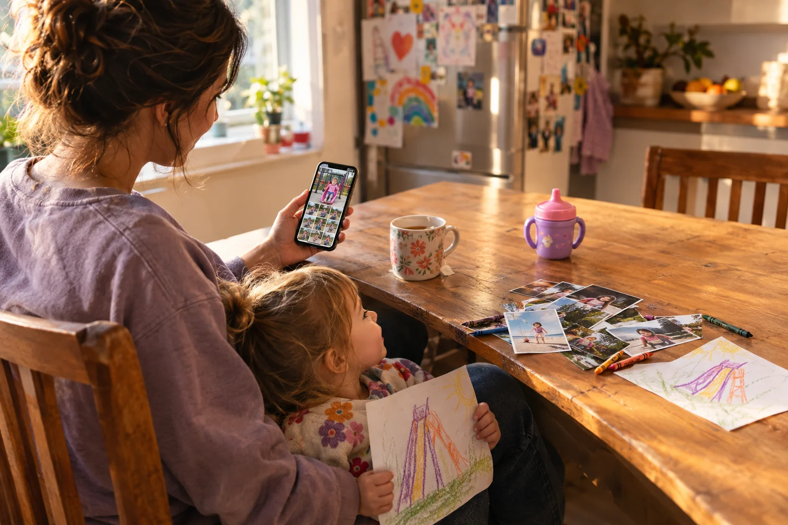 A parent checks a phone at a kitchen table while a child holds a drawing beside family prints.