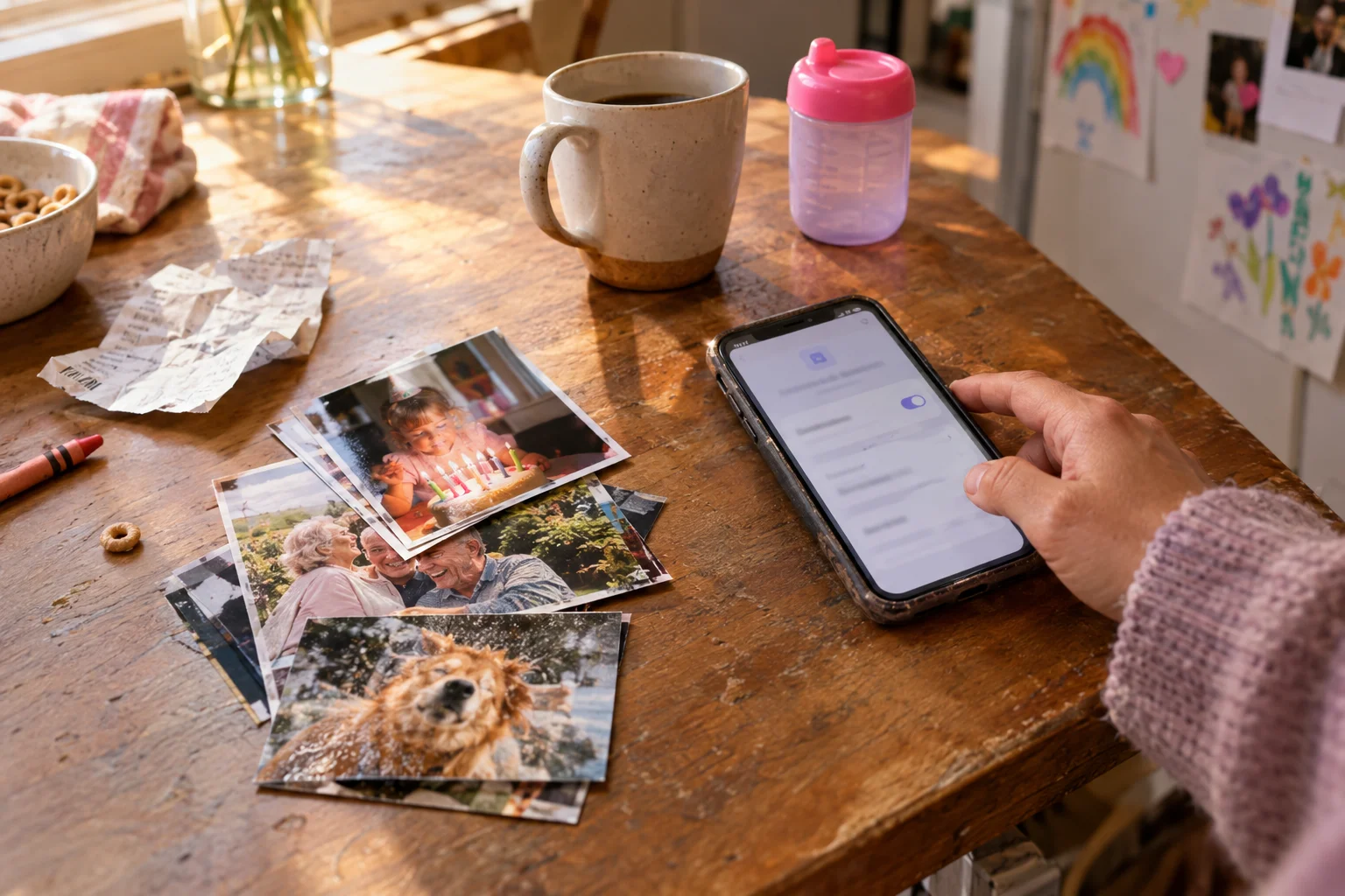 A hand touches a phone beside family photo prints and a mug on a kitchen table.