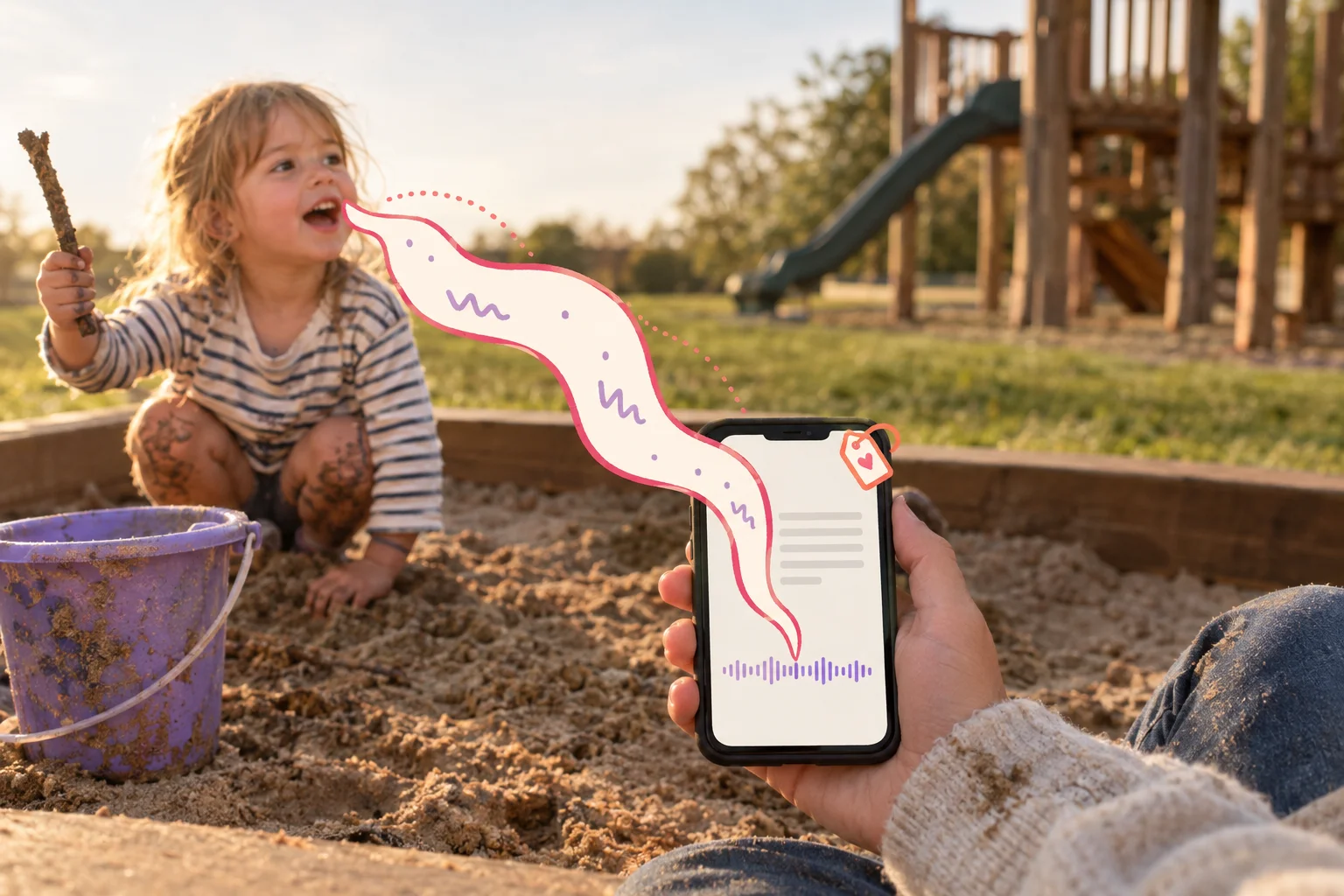 A child talks in a sandbox while a drawn ribbon connects their mouth to a phone with an audio waveform.
