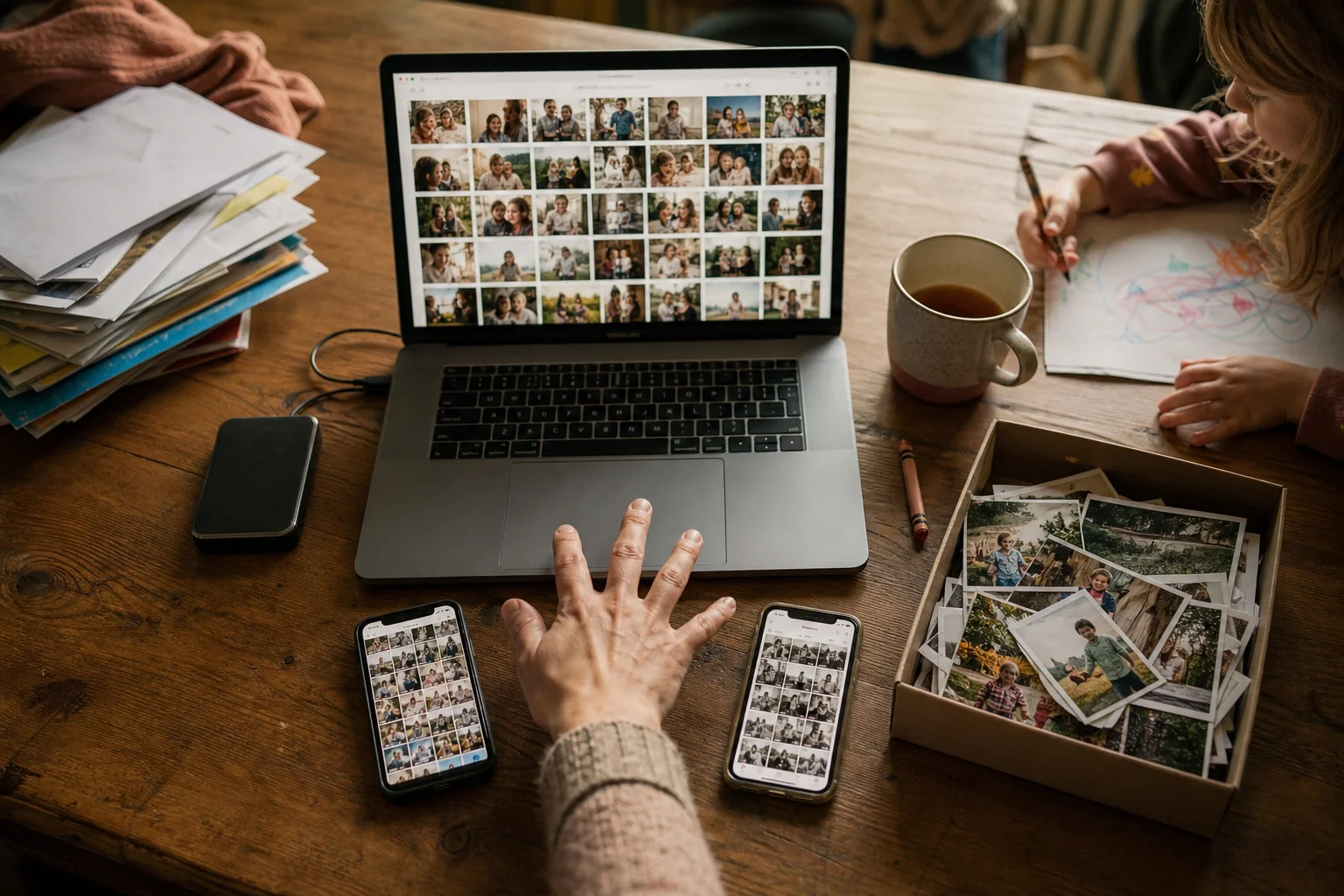 A laptop and two phones show family photo grids beside loose prints and a child drawing at a table.