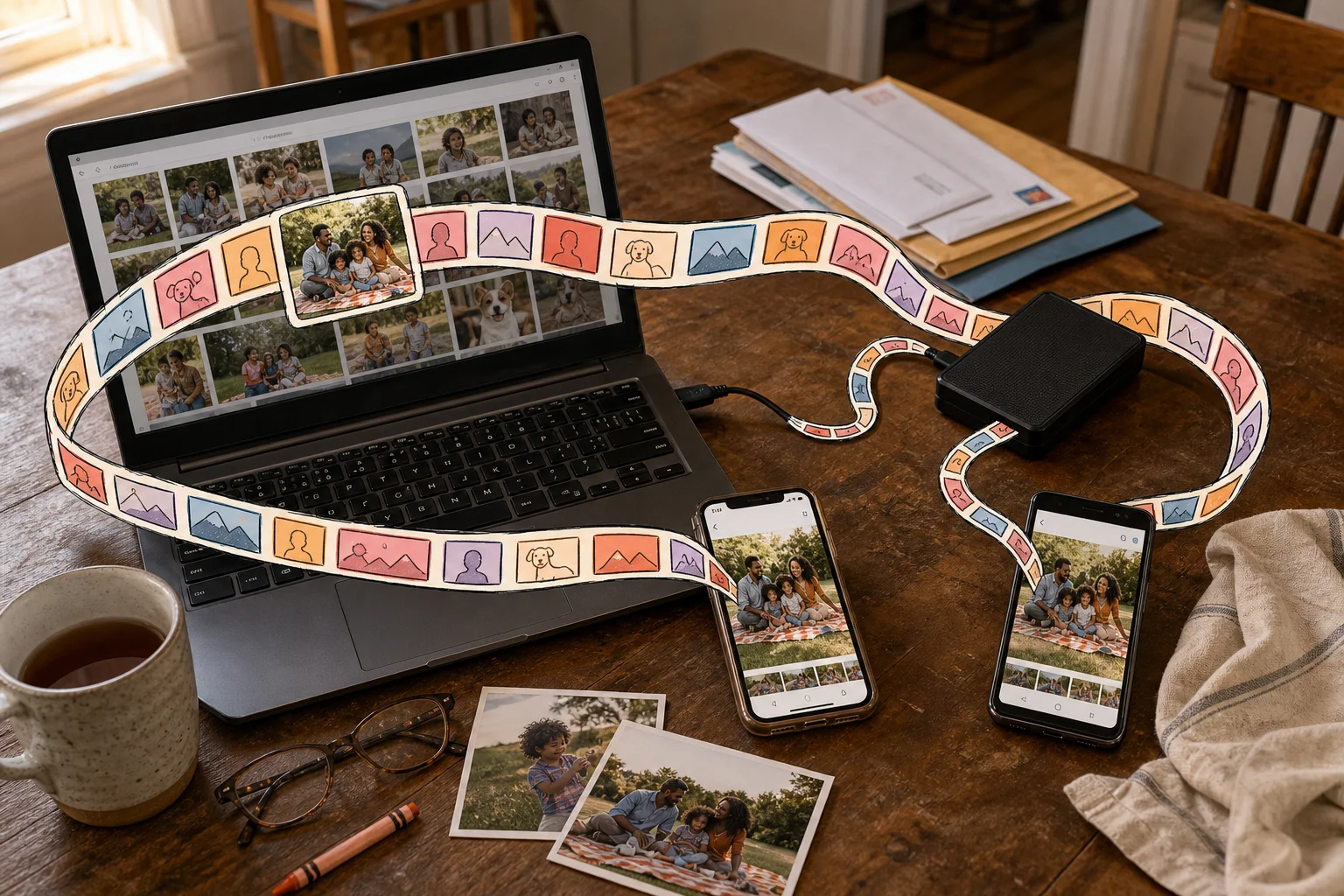 A hand-drawn ribbon of photo frames connects a laptop, two phones, and an external drive on a table.