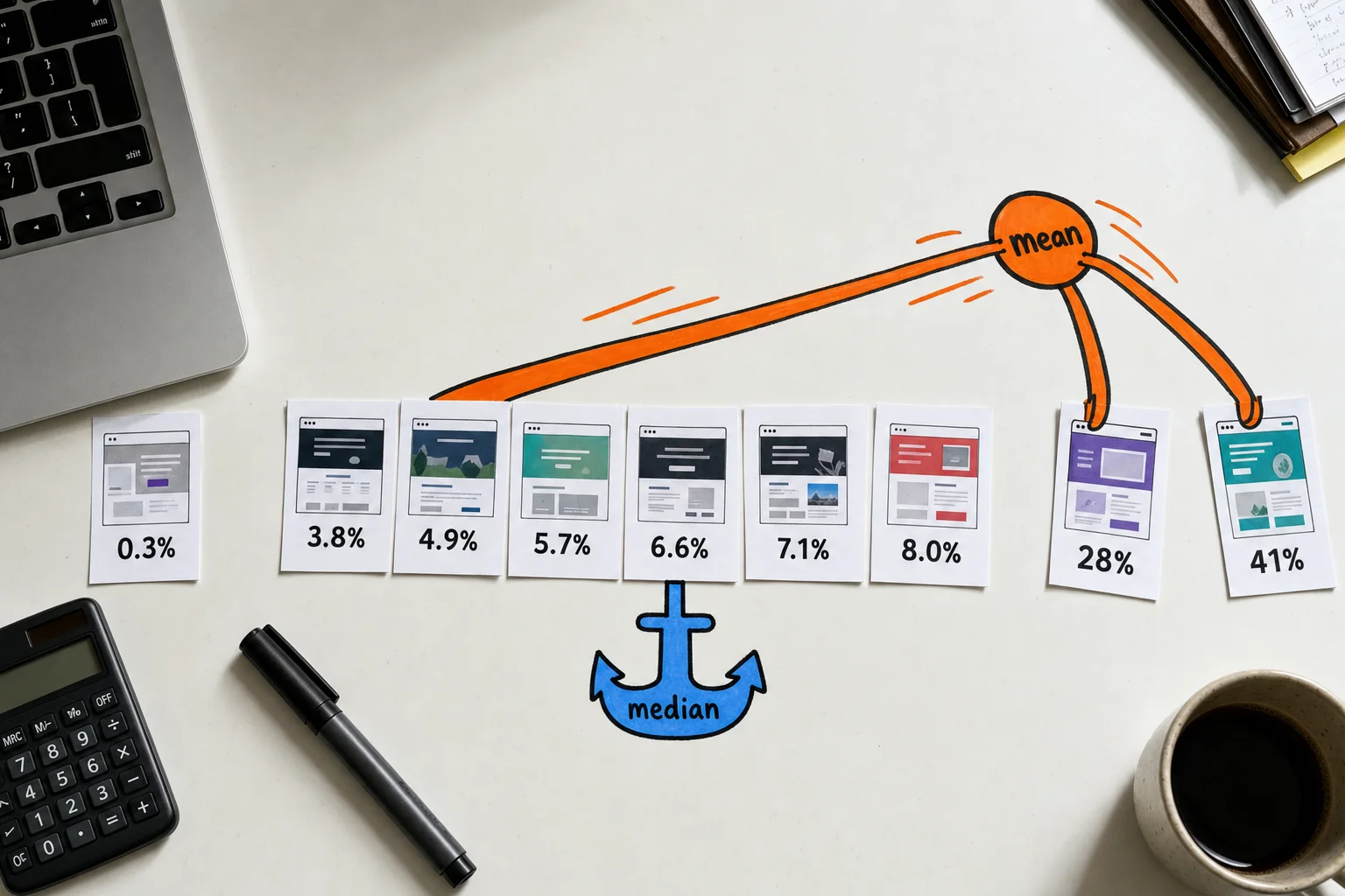 A few outlier pages can drag the mean around, while the median stays closer to what a typical page experiences. A few outlier pages can drag the mean around, while the median stays closer to what a typical page experiences.