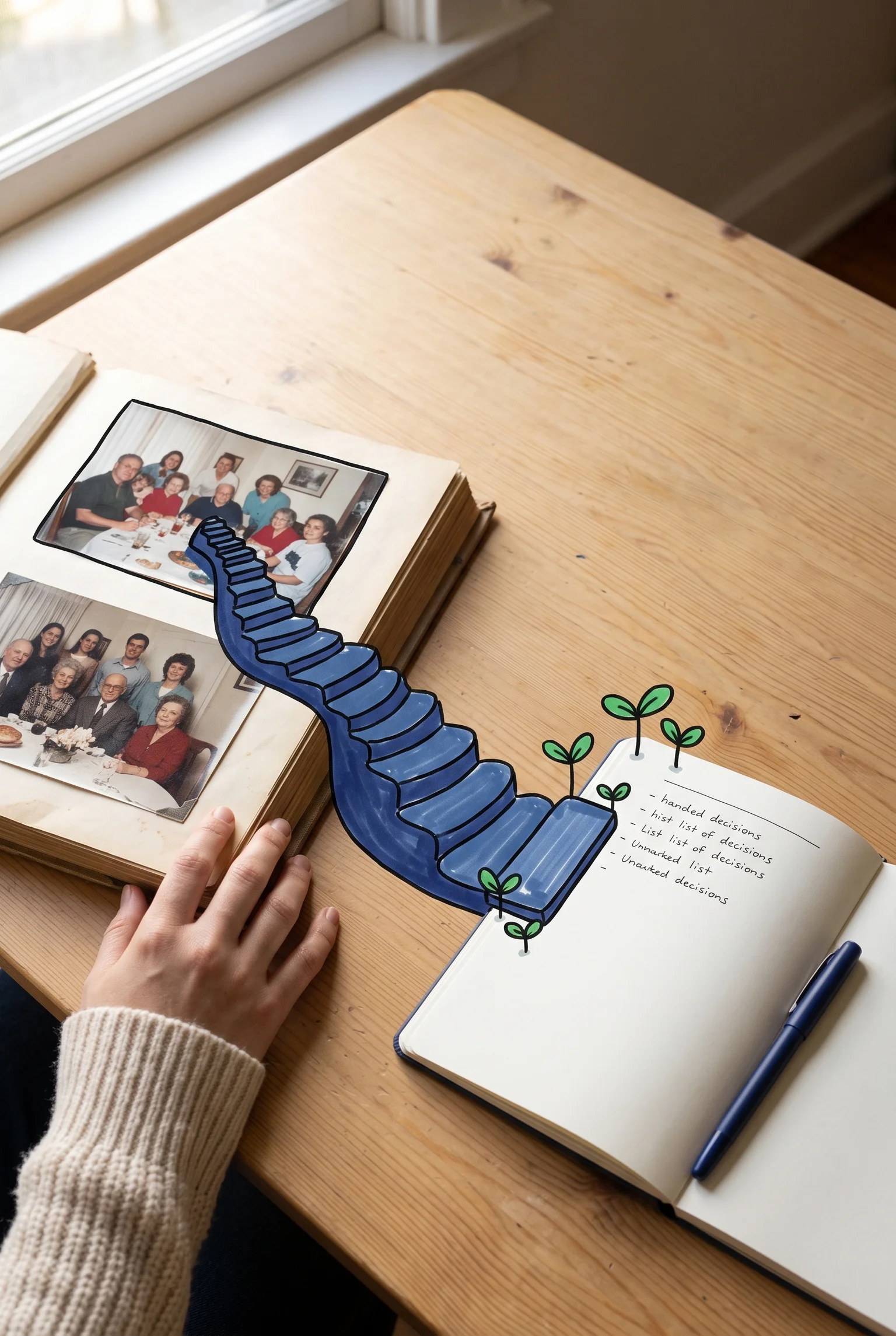 Álbum familiar abierto y libreta de decisiones unidos por un sendero azul dibujado sobre una mesa.