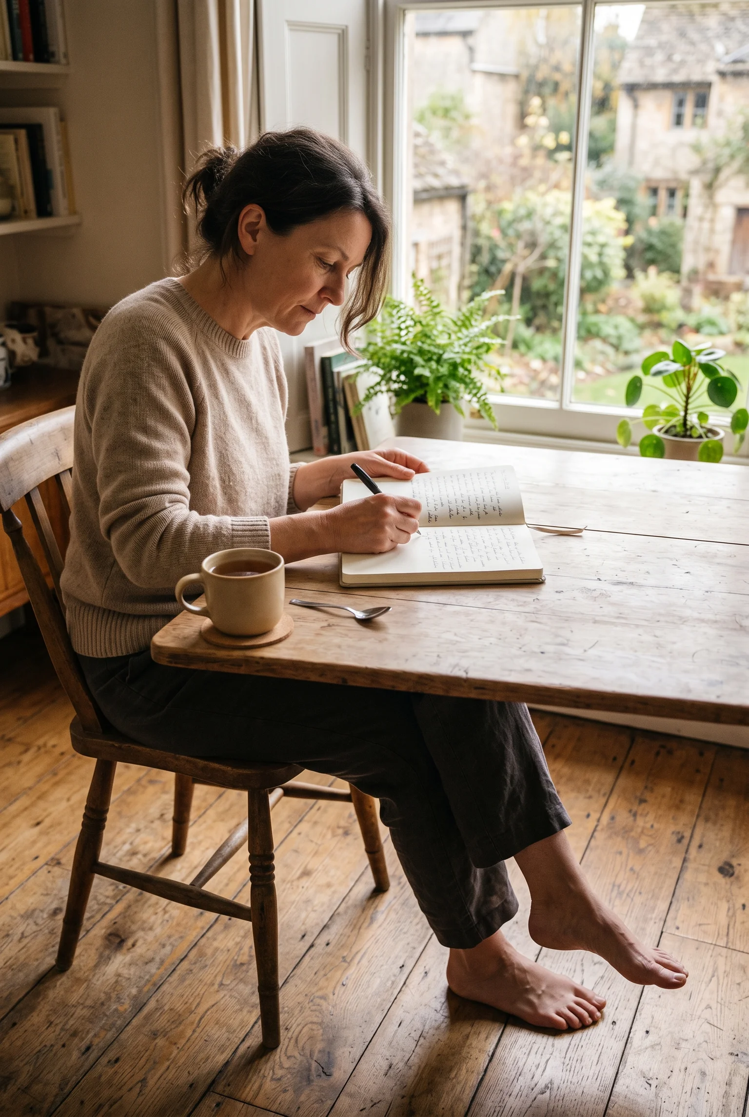 Persona escribe en una libreta junto a una taza de té, con ambos pies firmes sobre un suelo de madera.