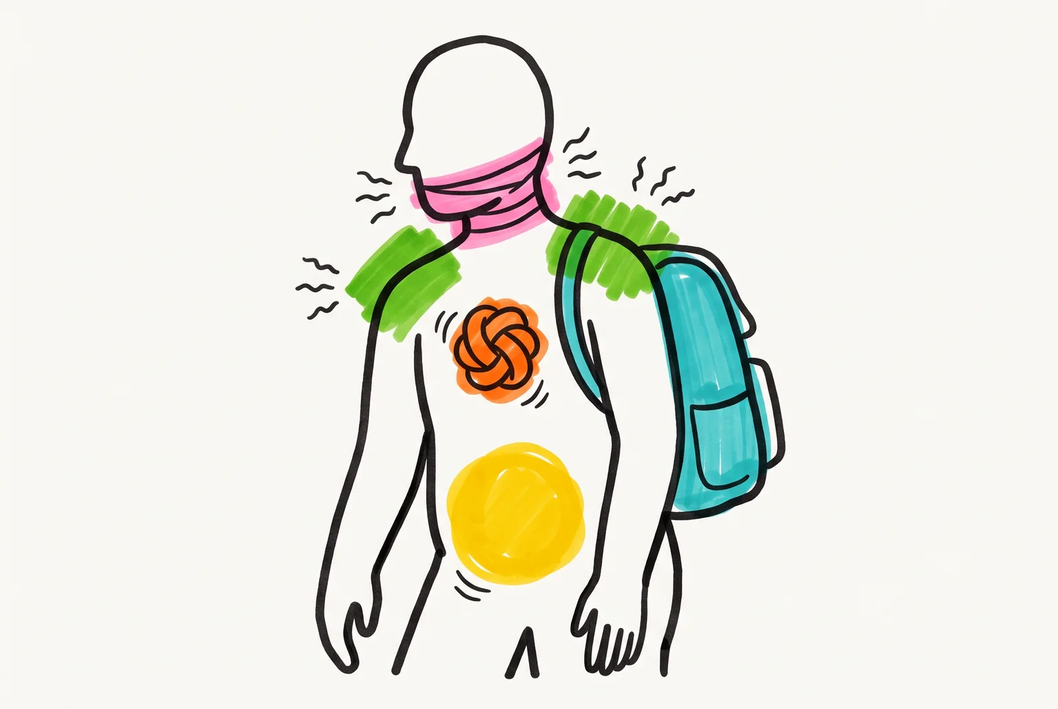Silueta frontal con tensión marcada en mandíbula, pecho, abdomen y hombros, y una mochila pesada detrás.