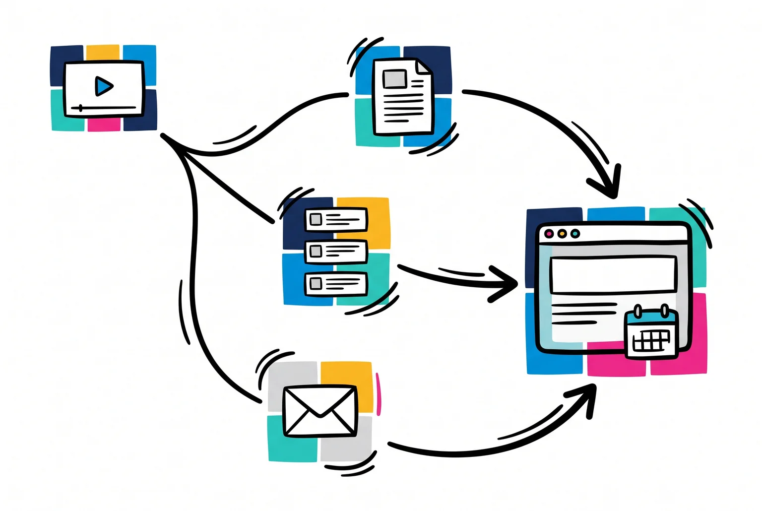 One webinar branches into a blog post, social posts, and an email, but every path is built to lead back to the same door. One webinar branches into a blog post, social posts, and an email, but every path is built to lead back to the same door.
