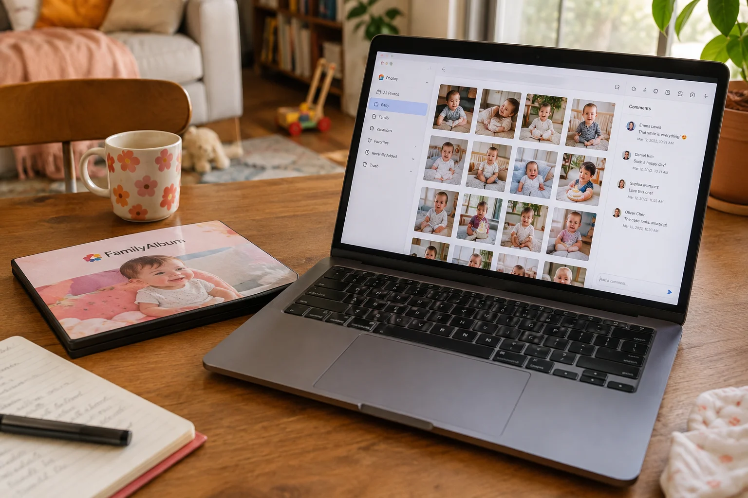 A laptop displays a folder of family photos beside a photo-disc case on a table.