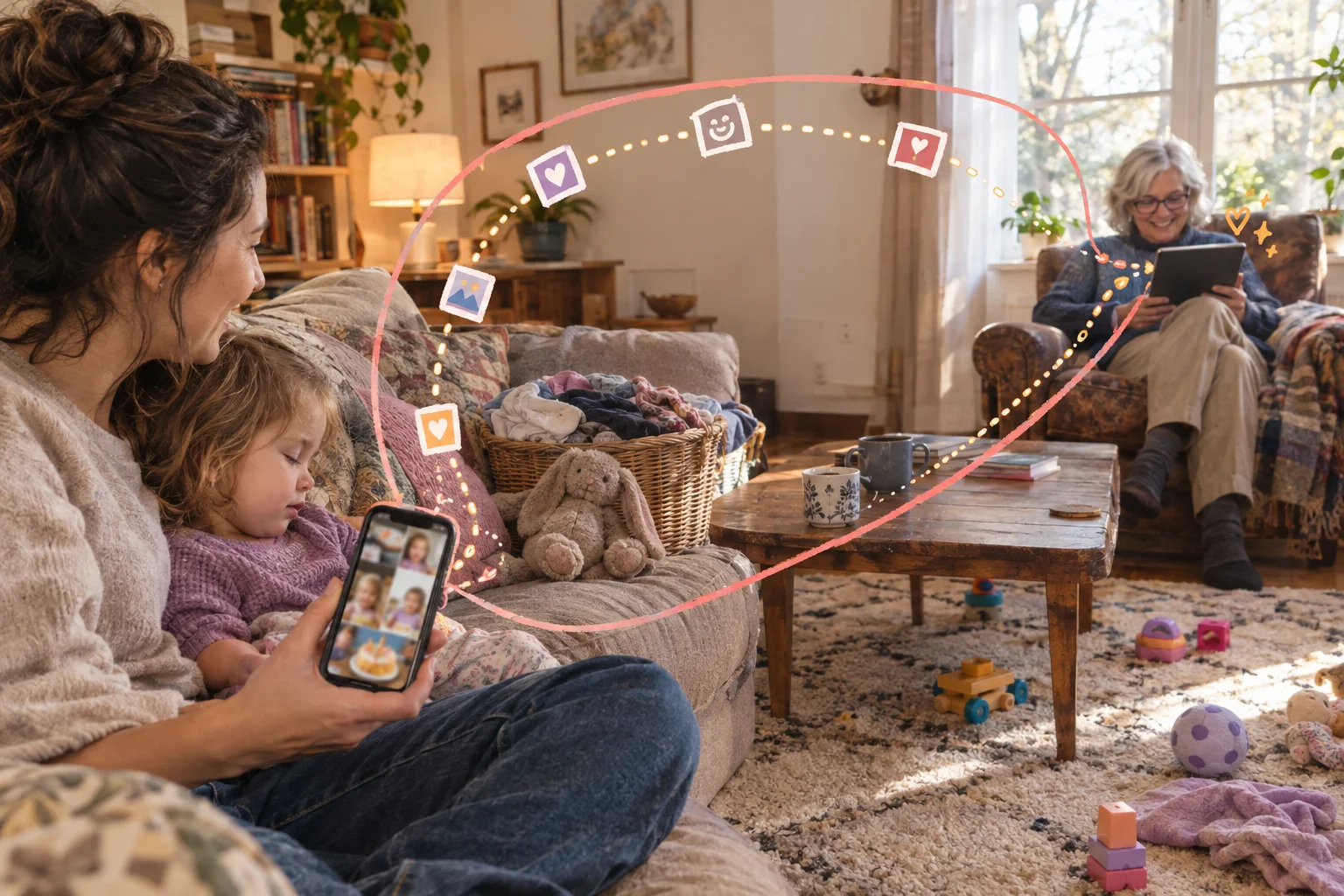A parent and toddler look at a phone while a grandparent uses a tablet, joined by drawn photo and video symbols.