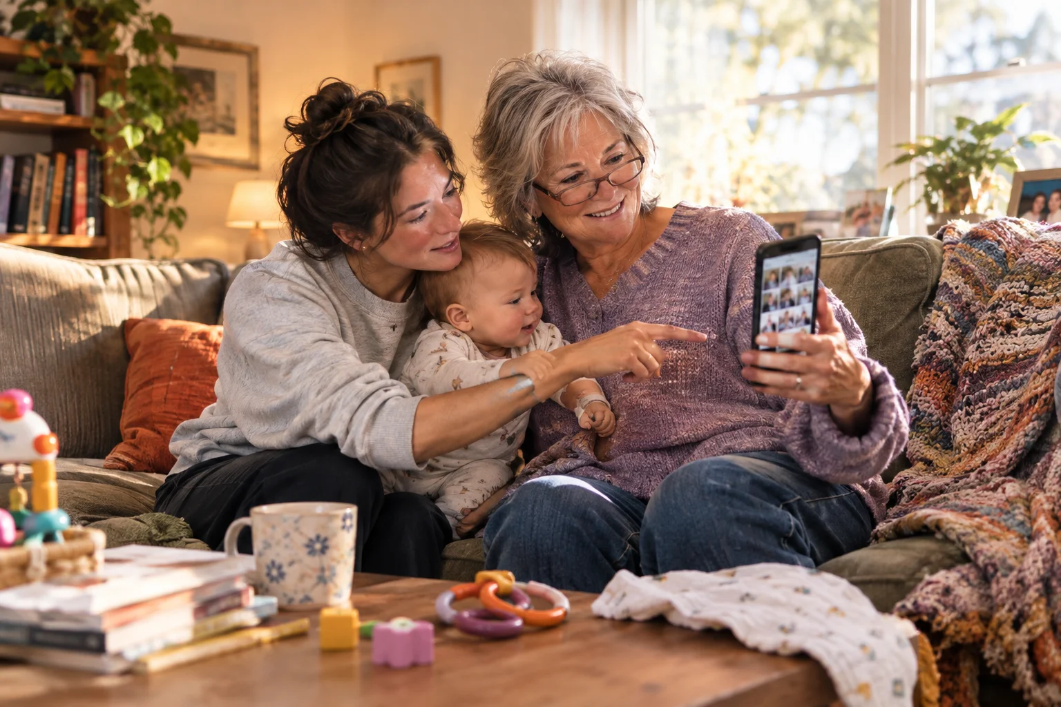A grandmother, parent, and baby sit together looking at photos on a phone in a living room.