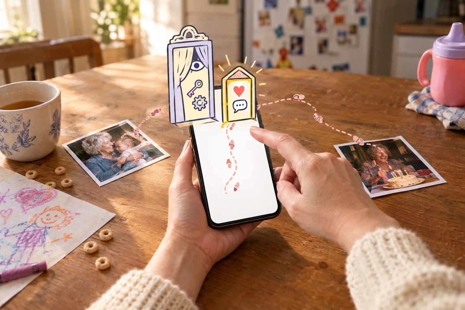 Hands hold a phone beneath two illustrated doors, one with settings symbols and one with reaction symbols.