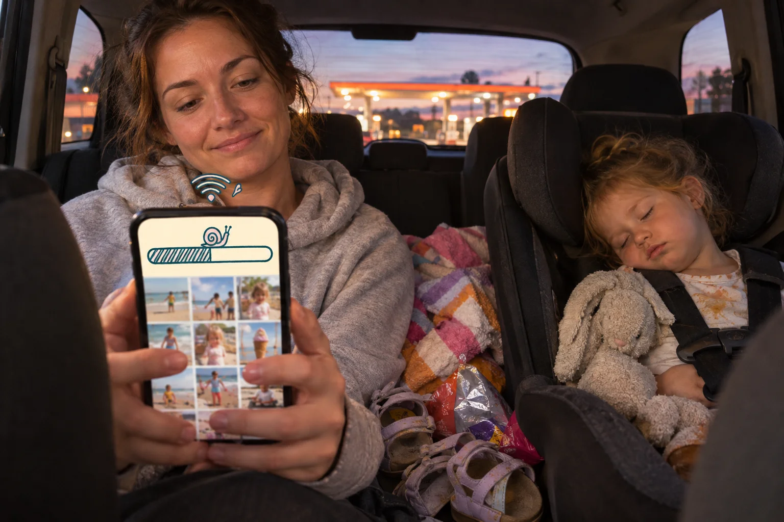 A parent holds a phone with a drawn upload bar and snail beside a sleeping child in a car seat.