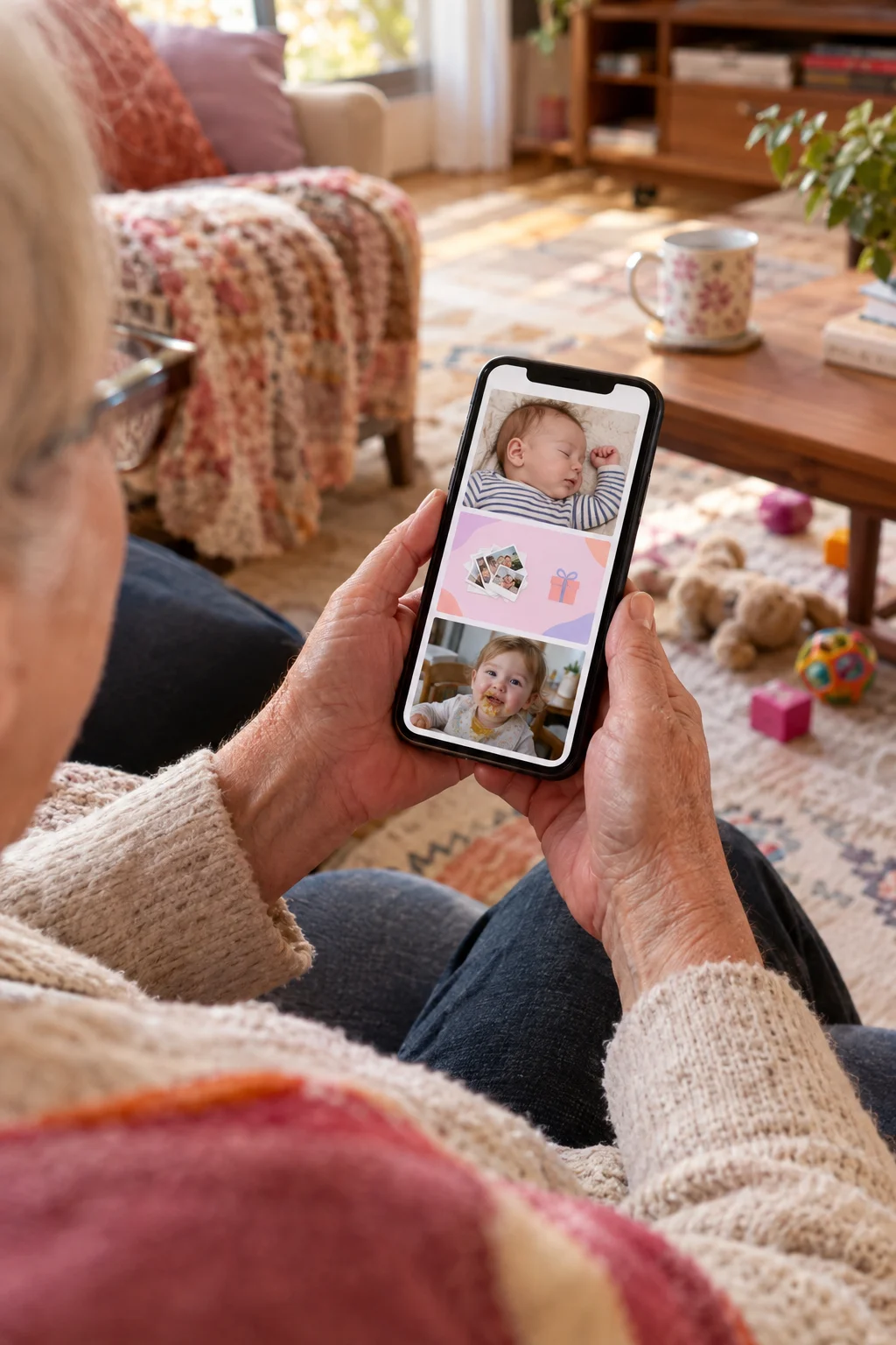 An older relative views a phone feed with child photos and a print-promotion card.