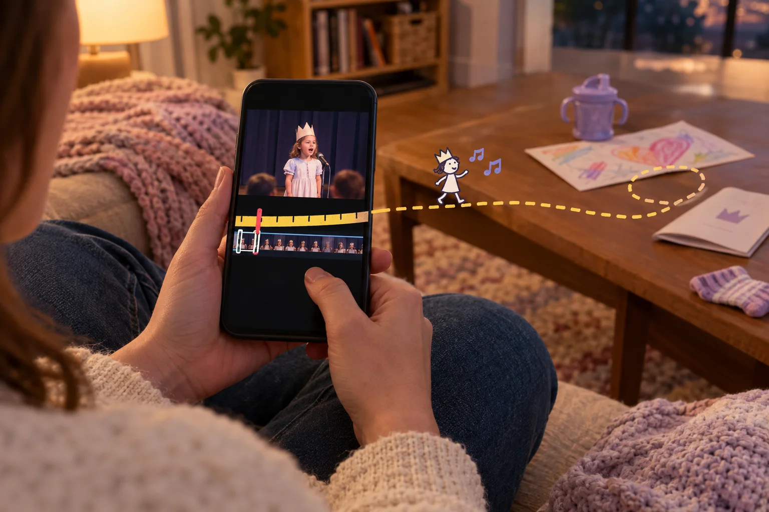 A phone plays a child’s performance, with drawn music notes and a ribbon extending beside it.