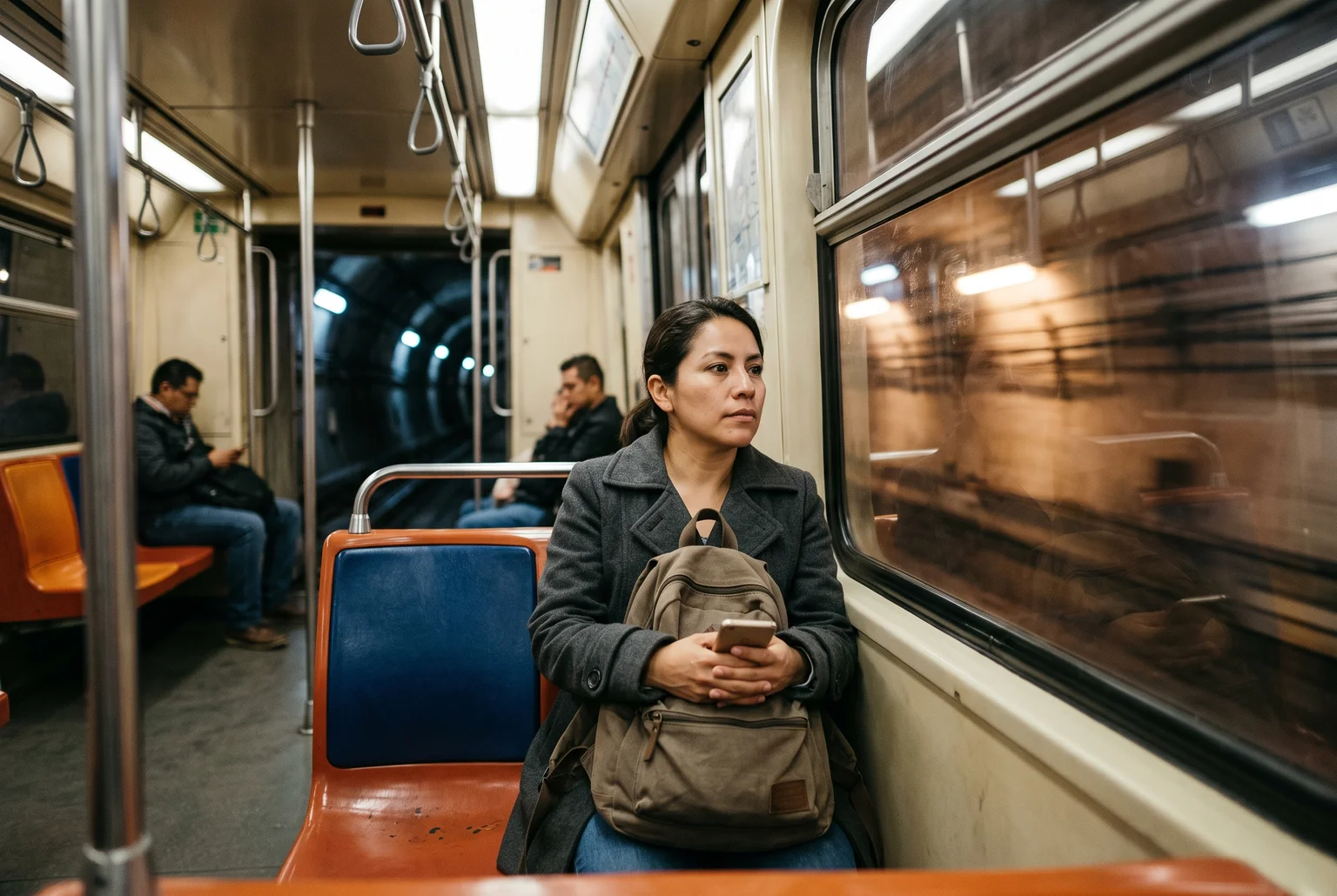 Persona sentada en el Metro mira su reflejo borroso en la ventana mientras el túnel pasa afuera.