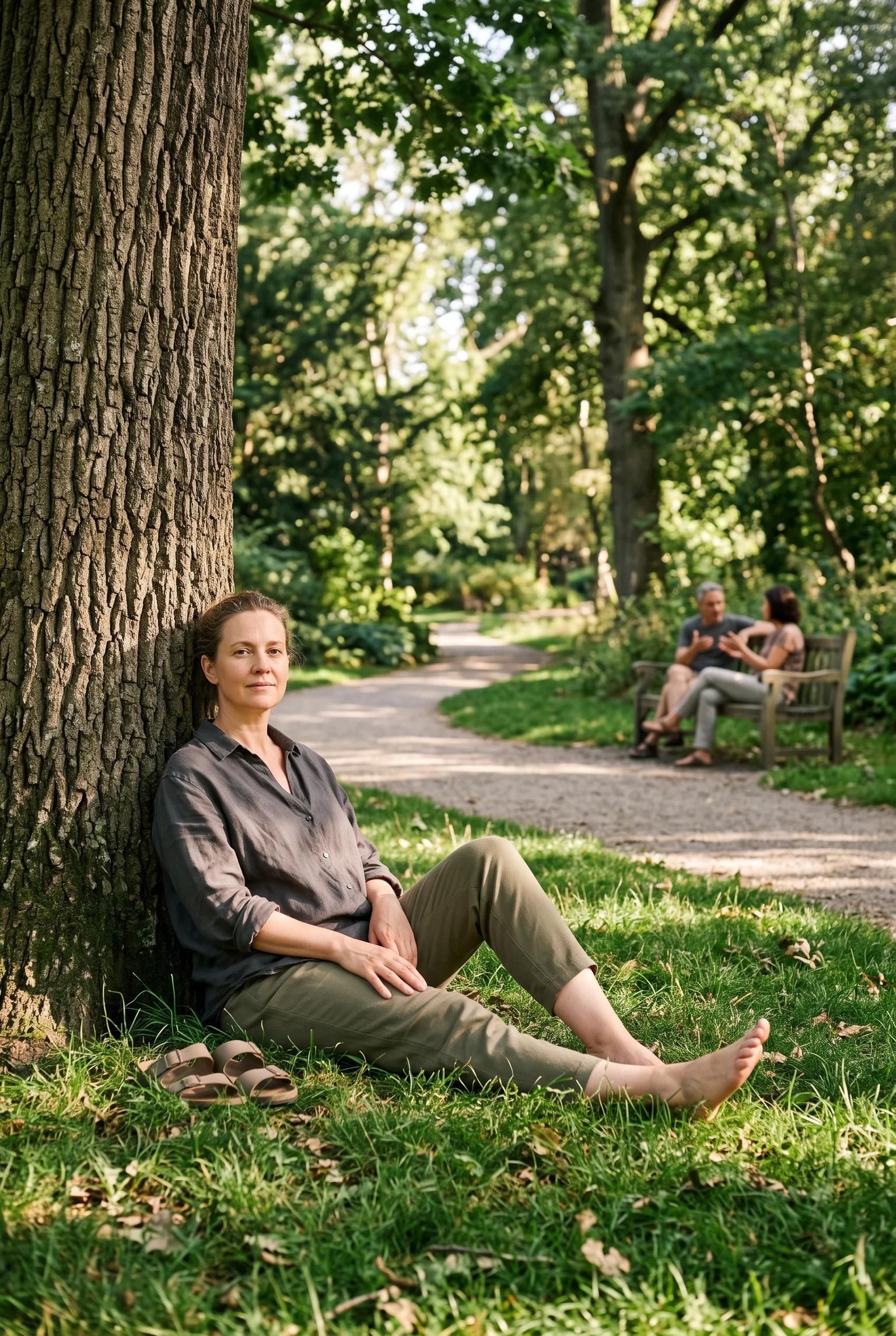 Persona descalza bajo un árbol en un parque, con dos personas conversando desenfocadas al fondo.