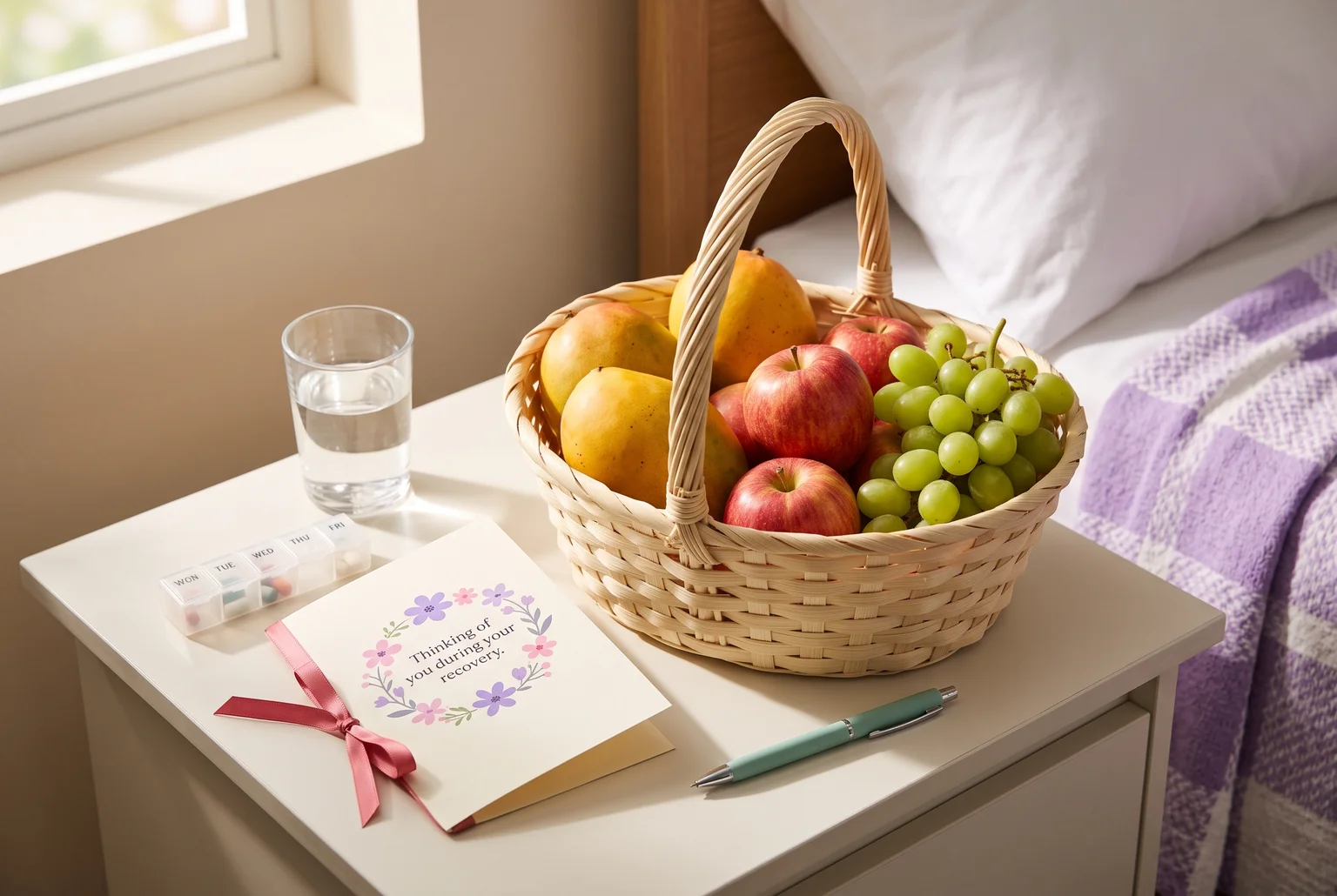A basket of fresh fruit beside a get well card says more than flowers ever could.