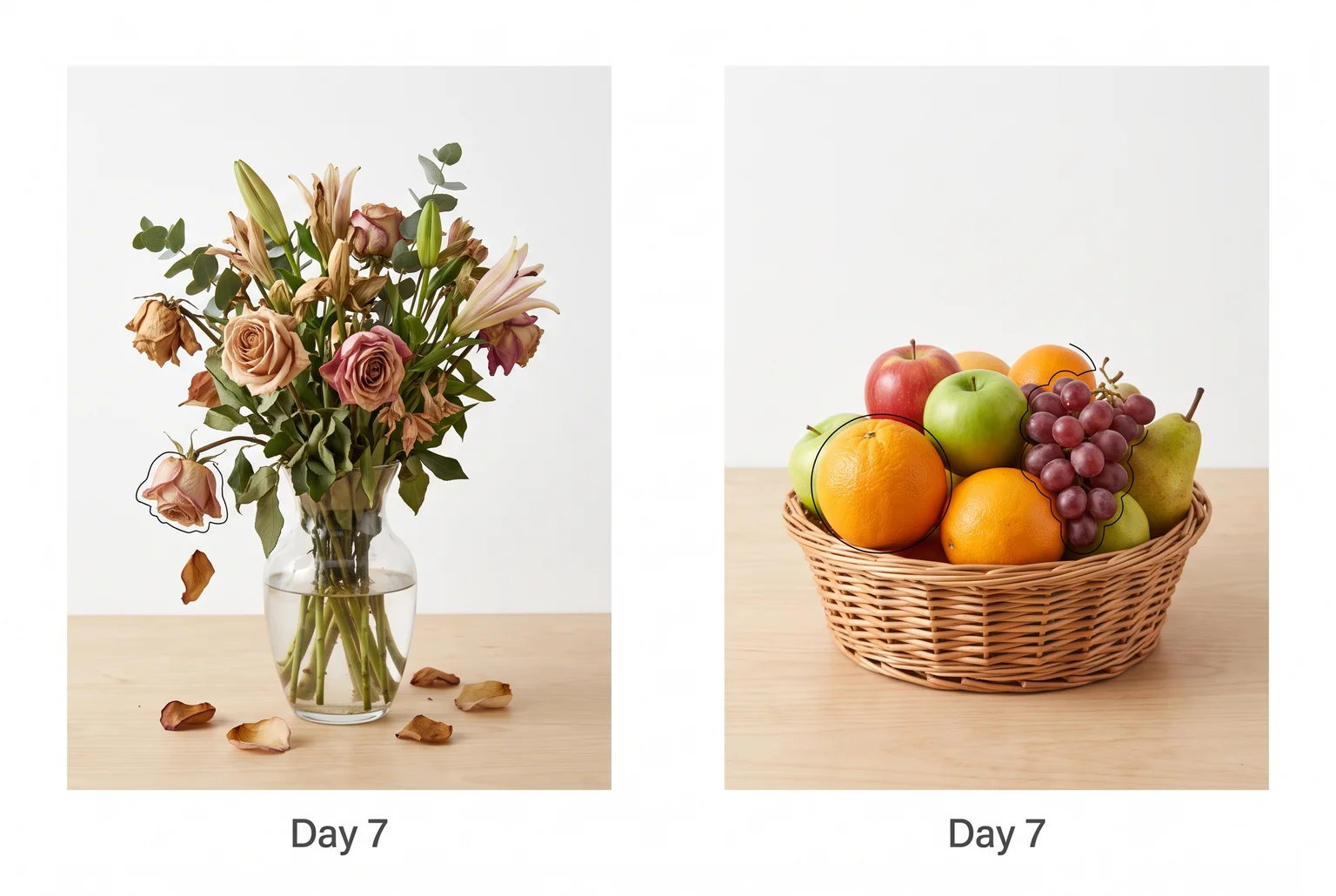 One week later, the flowers are fading while the fruit is still worth reaching for.