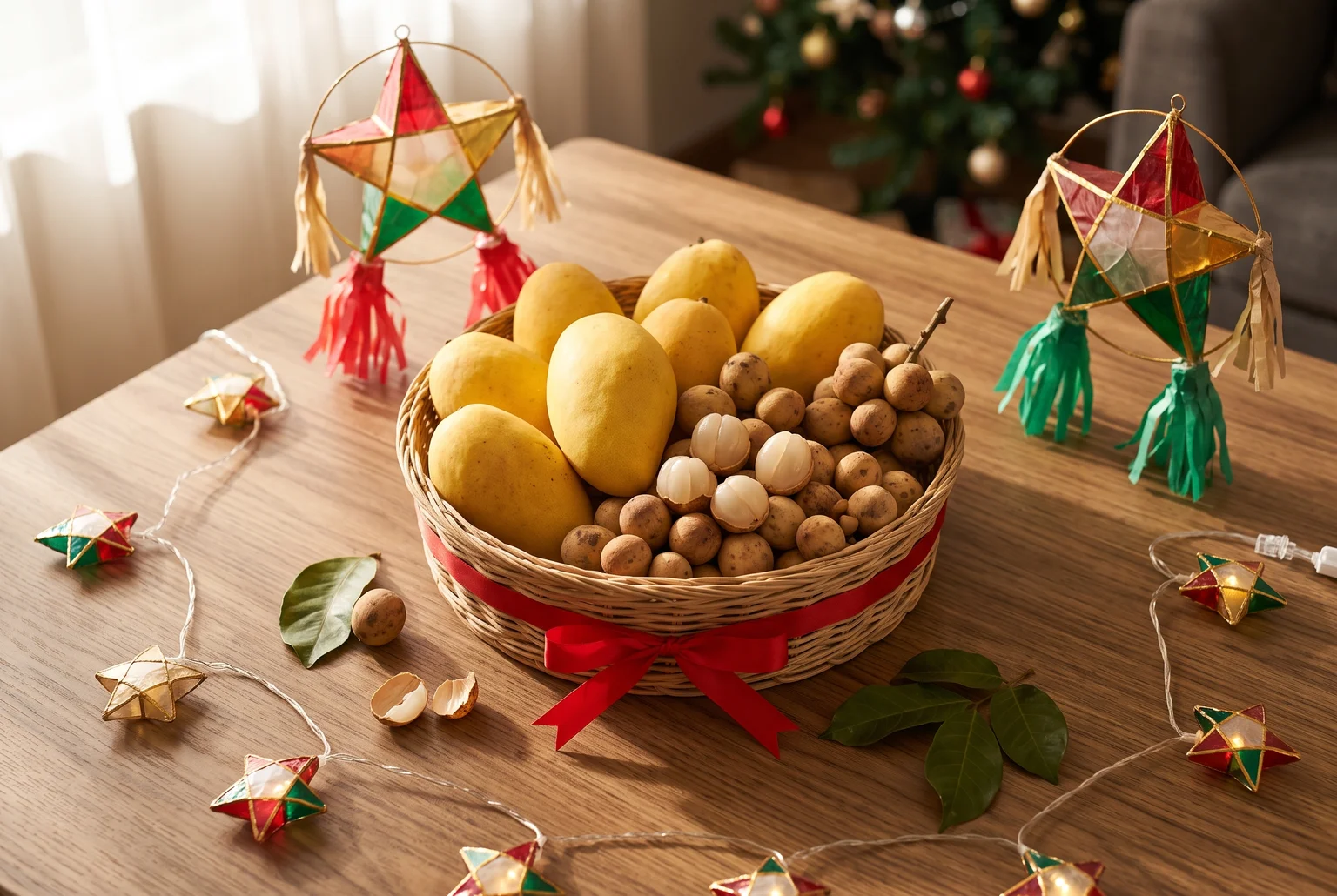 Mangoes and lanzones next to parol lanterns turn a fruit basket into a Christmas gift with a taste of home.