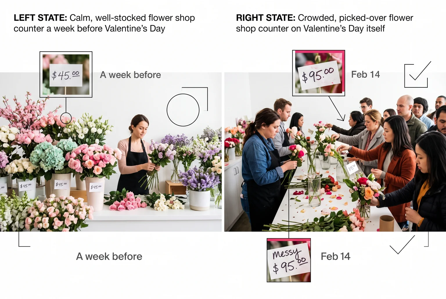 The same counter, one week apart: calm reservations on one side, doubled prices and empty buckets on the other.