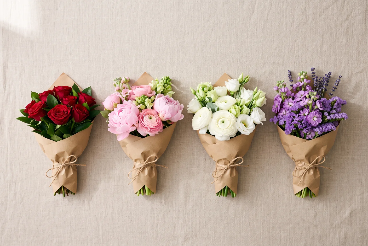 Same size, same style, four different feelings: red, pink, white, and purple each send their own emotional message before a single word is said.