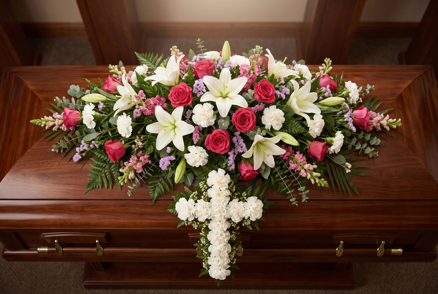 Casket sprays and cross-shaped tributes are typically layered together directly on the coffin, a placement reserved for the immediate family rather than outside senders.